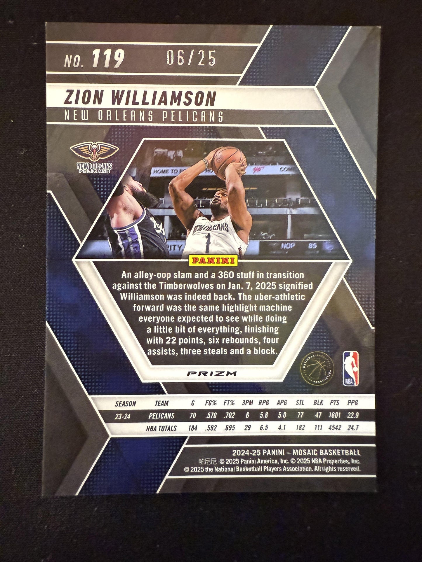 #119 Zion Williamson 2024-25 Panini Mosaic - Orange Fluorescent /25 Pelicans
