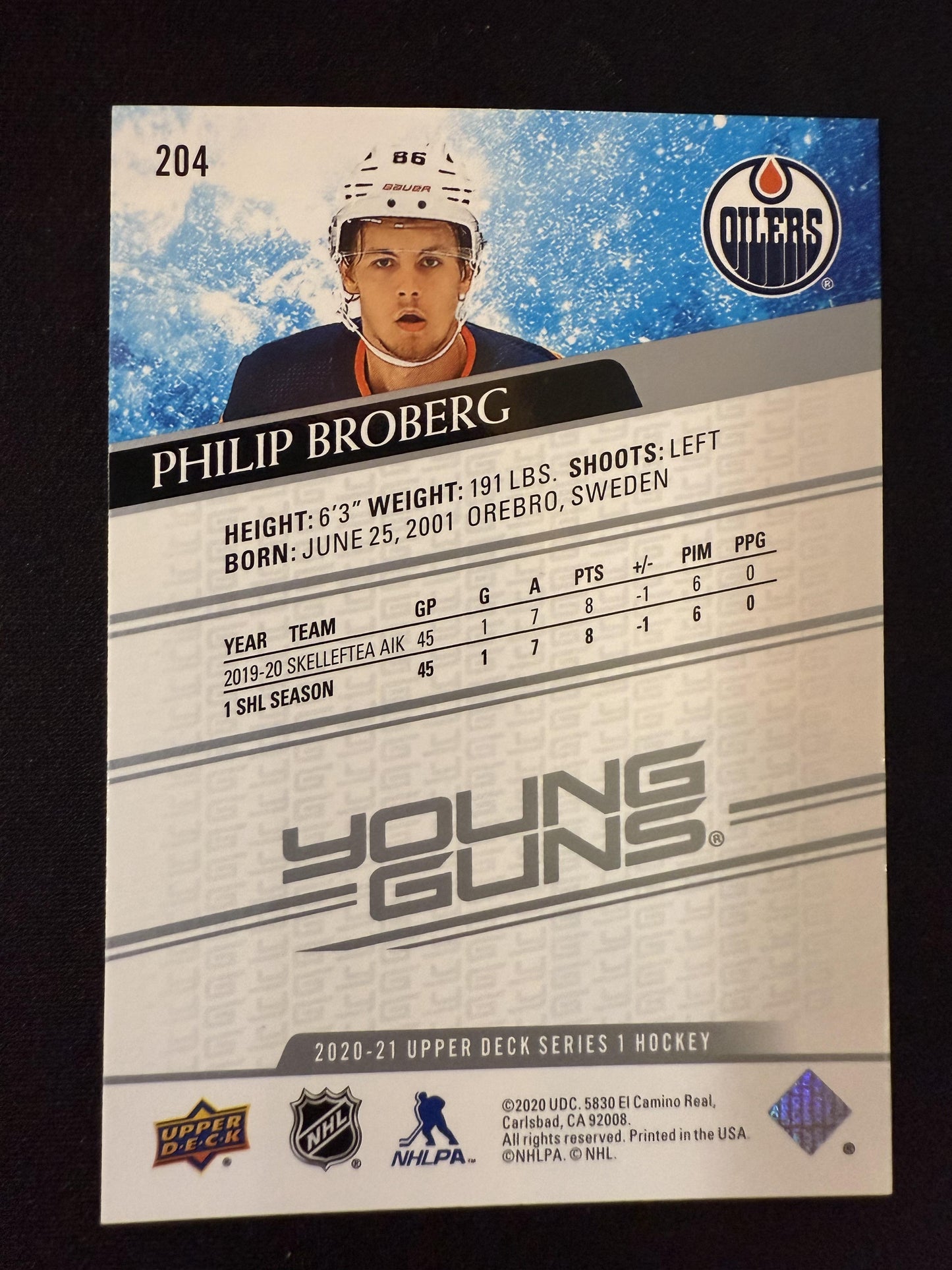 #204 Philip Broberg 2020-21 Upper Deck RC Rookie Edmonton Oilers sports