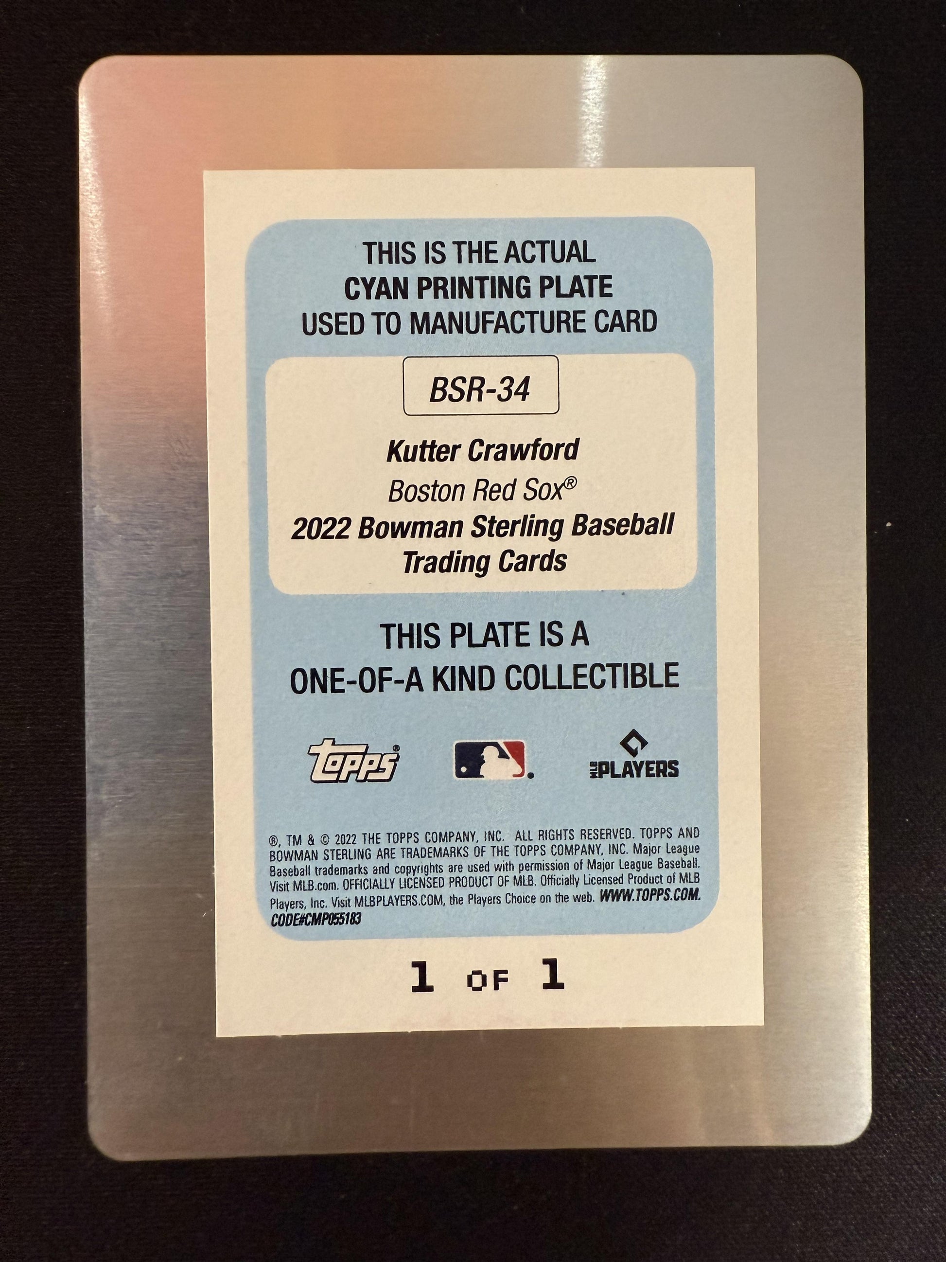 #BSR-34 Kutter Crawford 2022 Bowman Sterling SN #/1 Red Sox Printing Plates Cyan