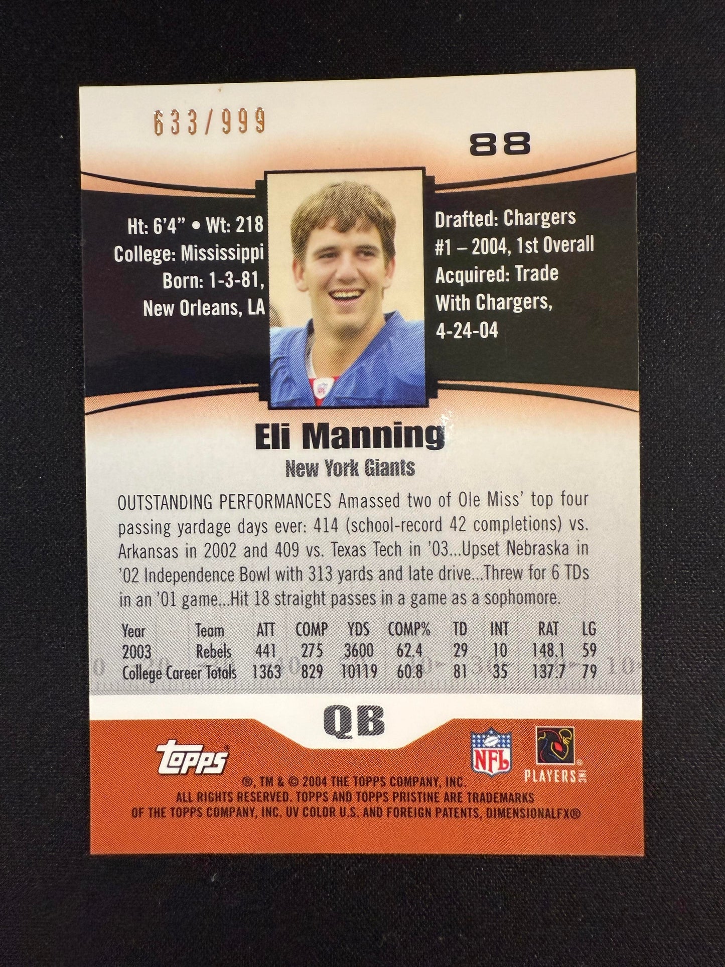 #88 Eli Manning 2004 Topps Pristine SN #/999 New York Giants sports
