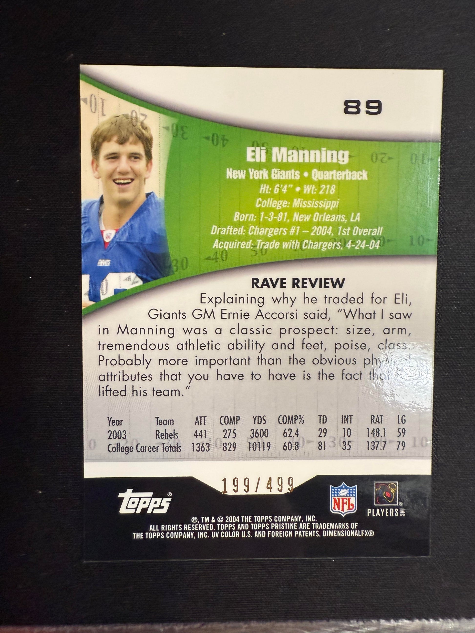 #89 Eli Manning 2004 Topps Pristine SN #/499 New York Giants sports