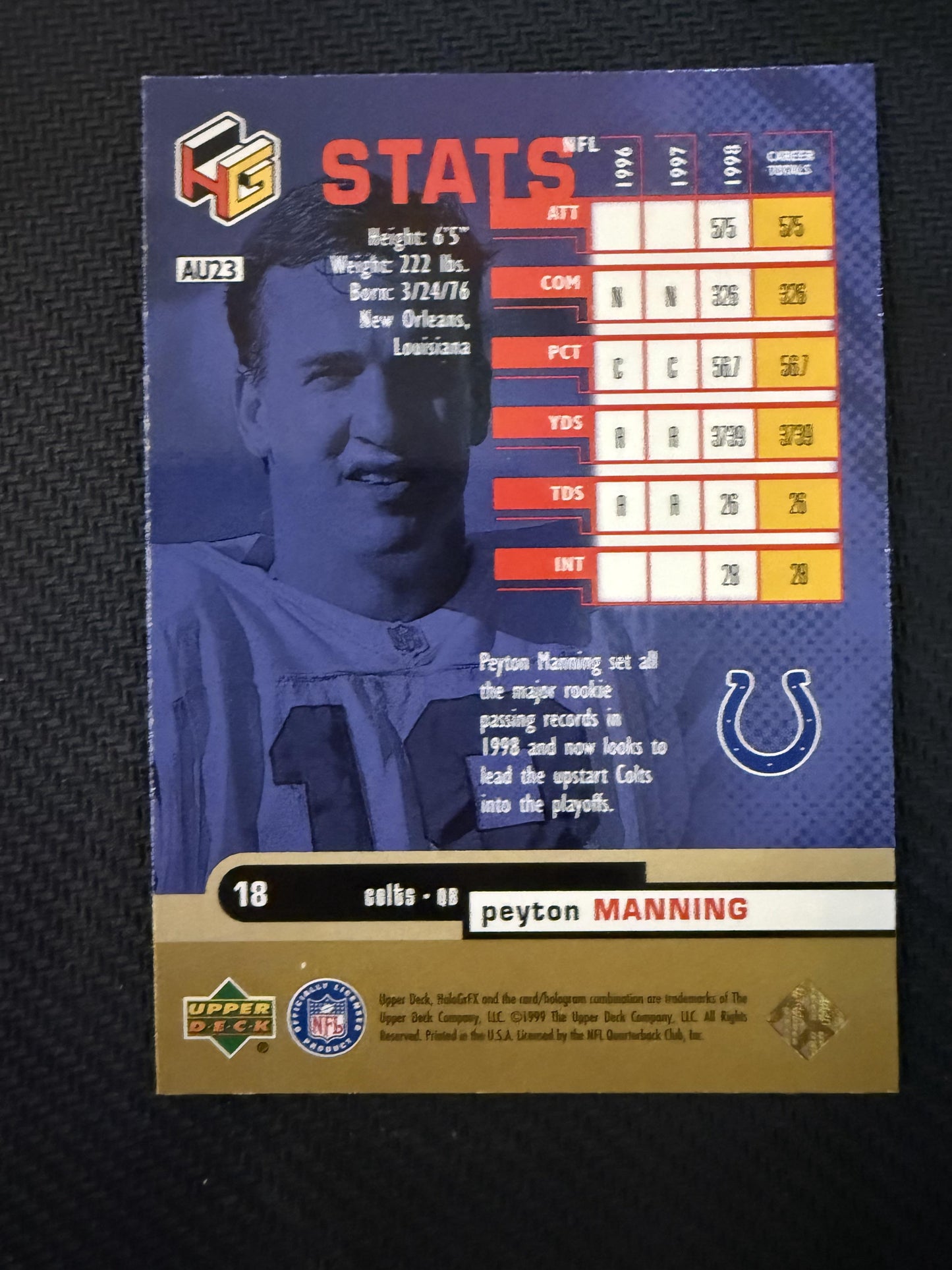 #AU23 Peyton Manning 1999 Upper Deck HoloGrFX Indianapolis Colts sports AuSome
