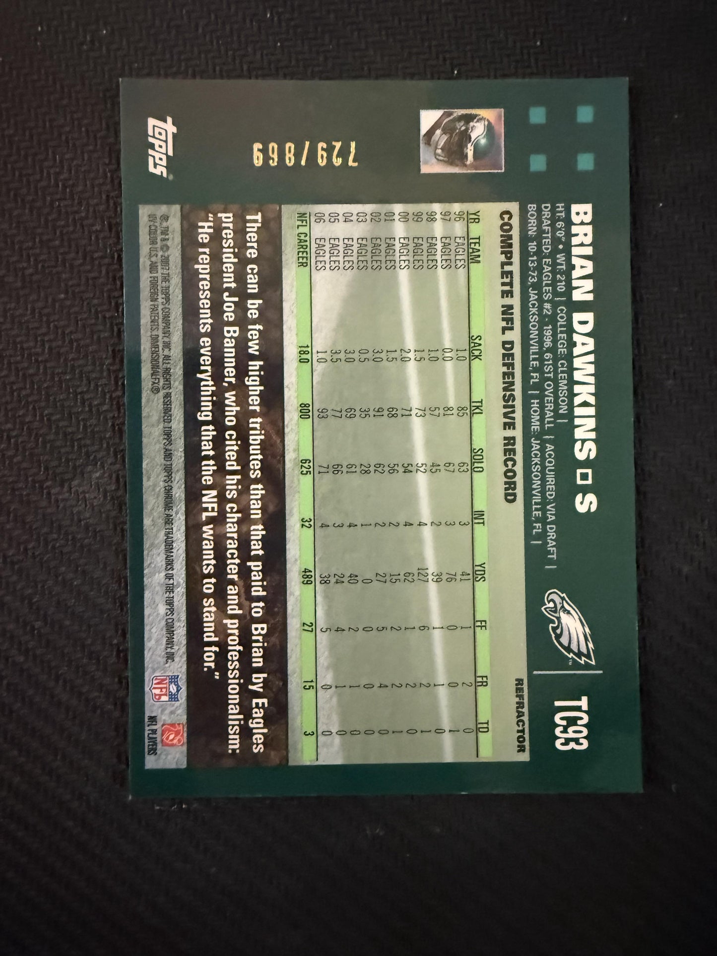 #TC93 Brian Dawkins 2007 Topps Chrome SN #/869 Eagles White Refractors