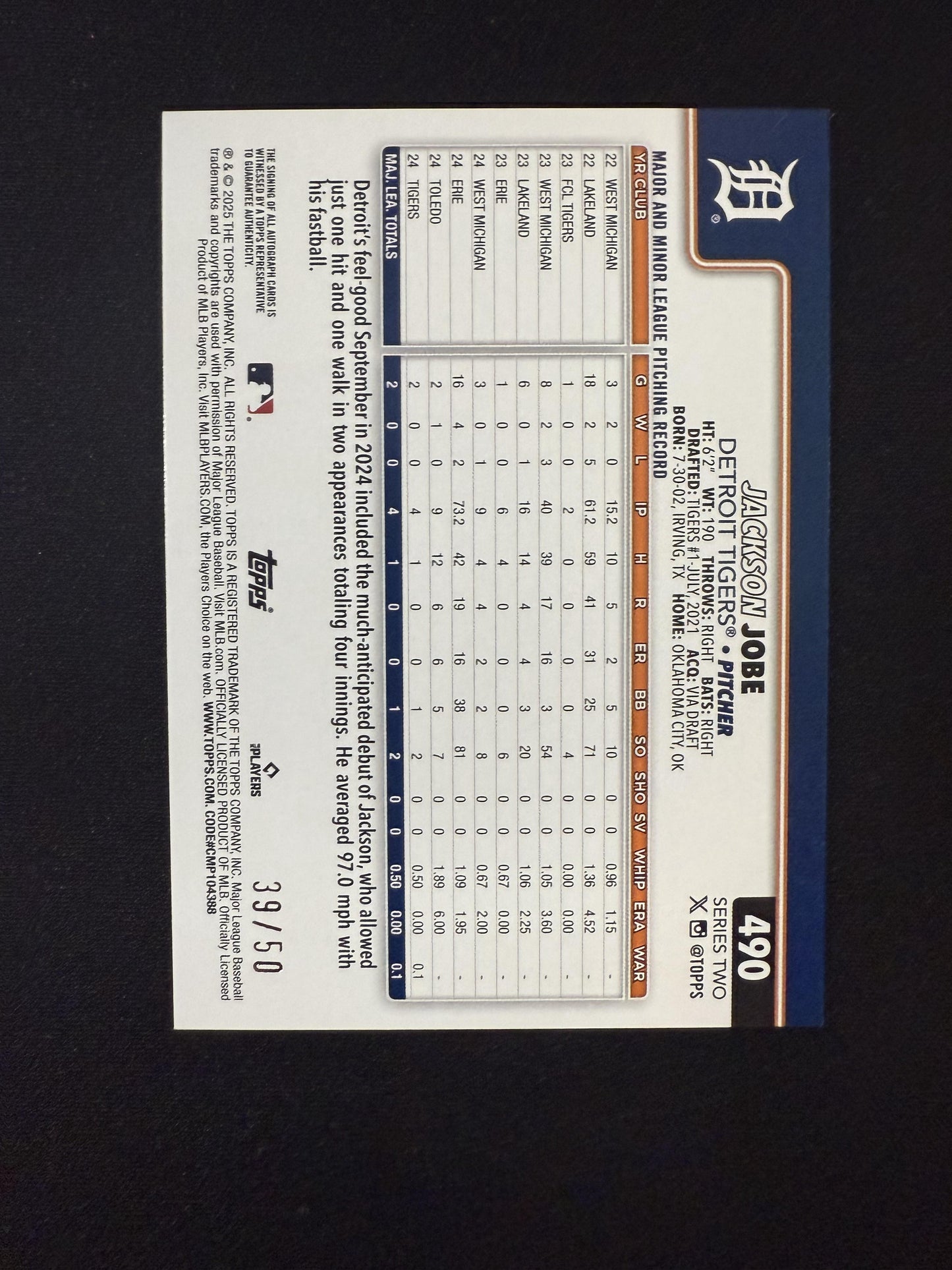 #490 Jackson Jobe 2025 Topps /50 Tigers Flagship Real One Autographs Gold Foil