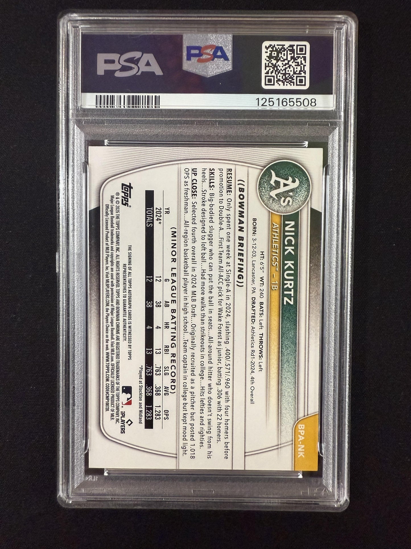 #BPA-NK Nick Kurtz 2025 Bowman SN,AU Auto #/150 Athletics Prospects Auto Blue