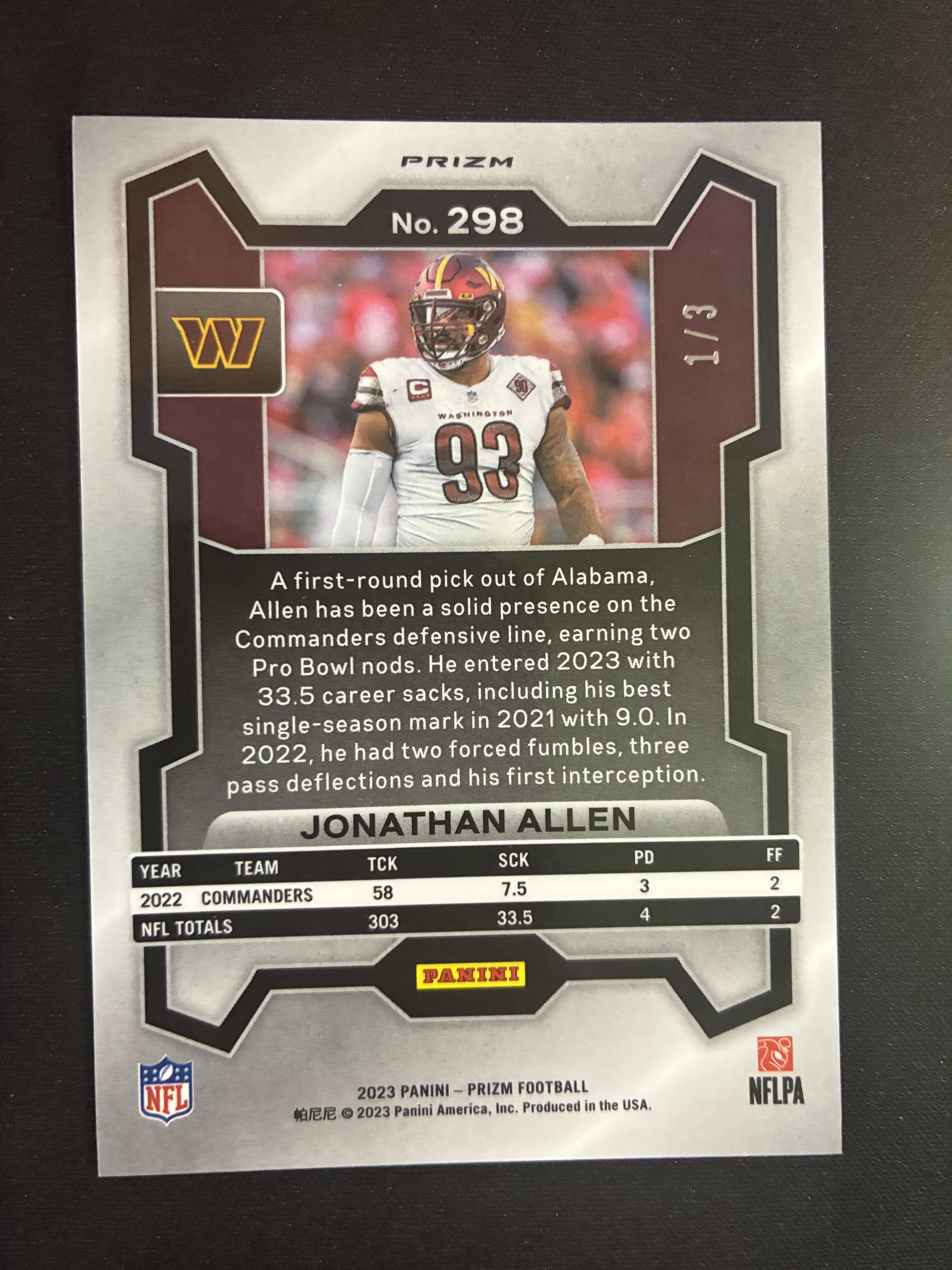#298 Jonathan Allen 2023 Panini Prizm SN #/3 Washington Commanders White Knight