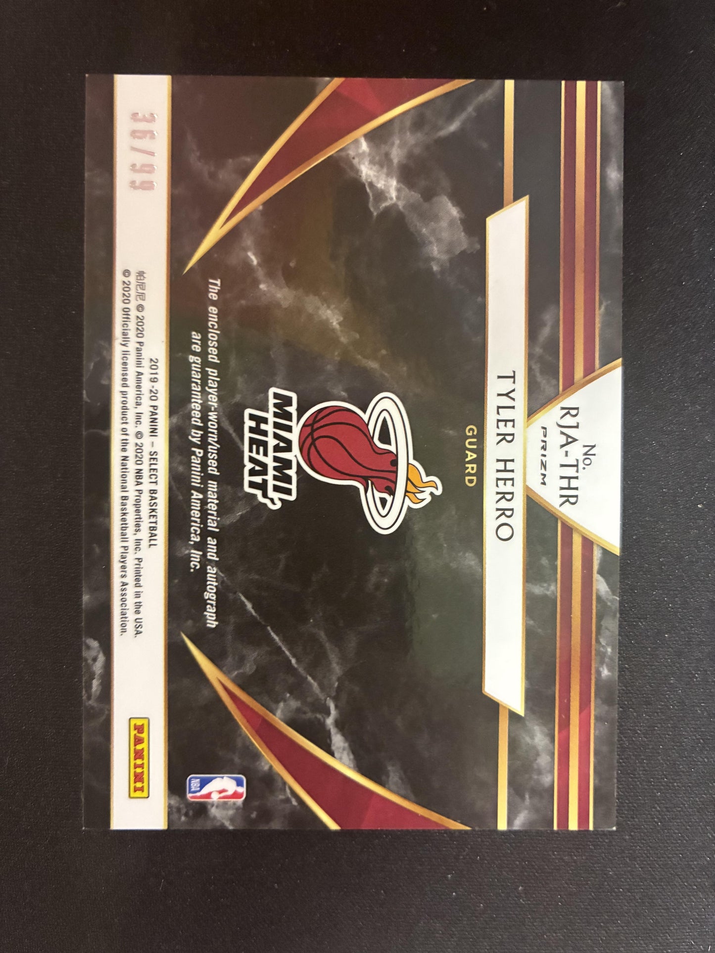 #RJA-THR Tyler Herro 2019-20 Panini Select /99 Heat Rookie Jersey Auto Purple