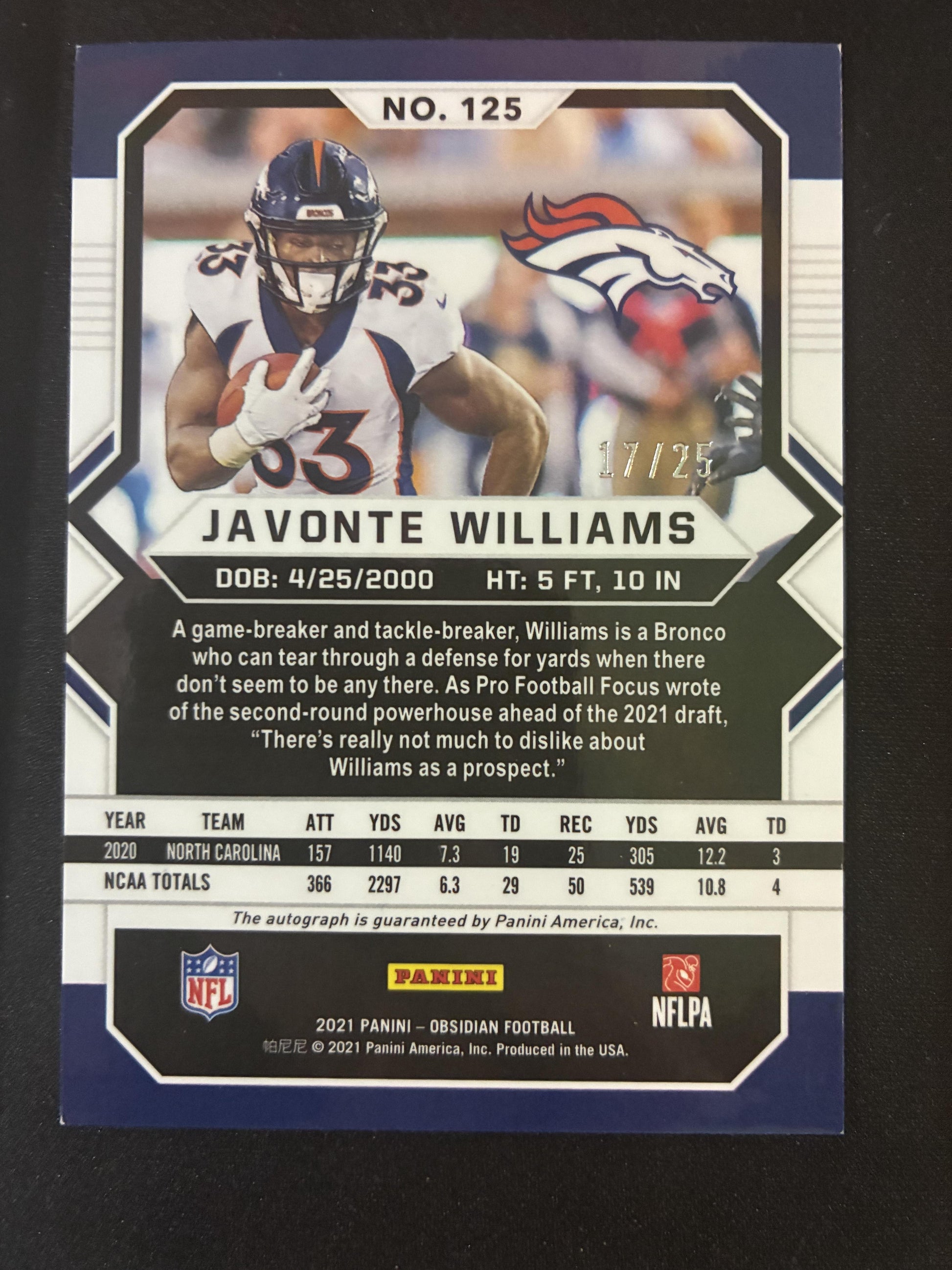 #125 Javonte Williams 2021 Panini Obsidian /25 Broncos Rookie Autos Yellow
