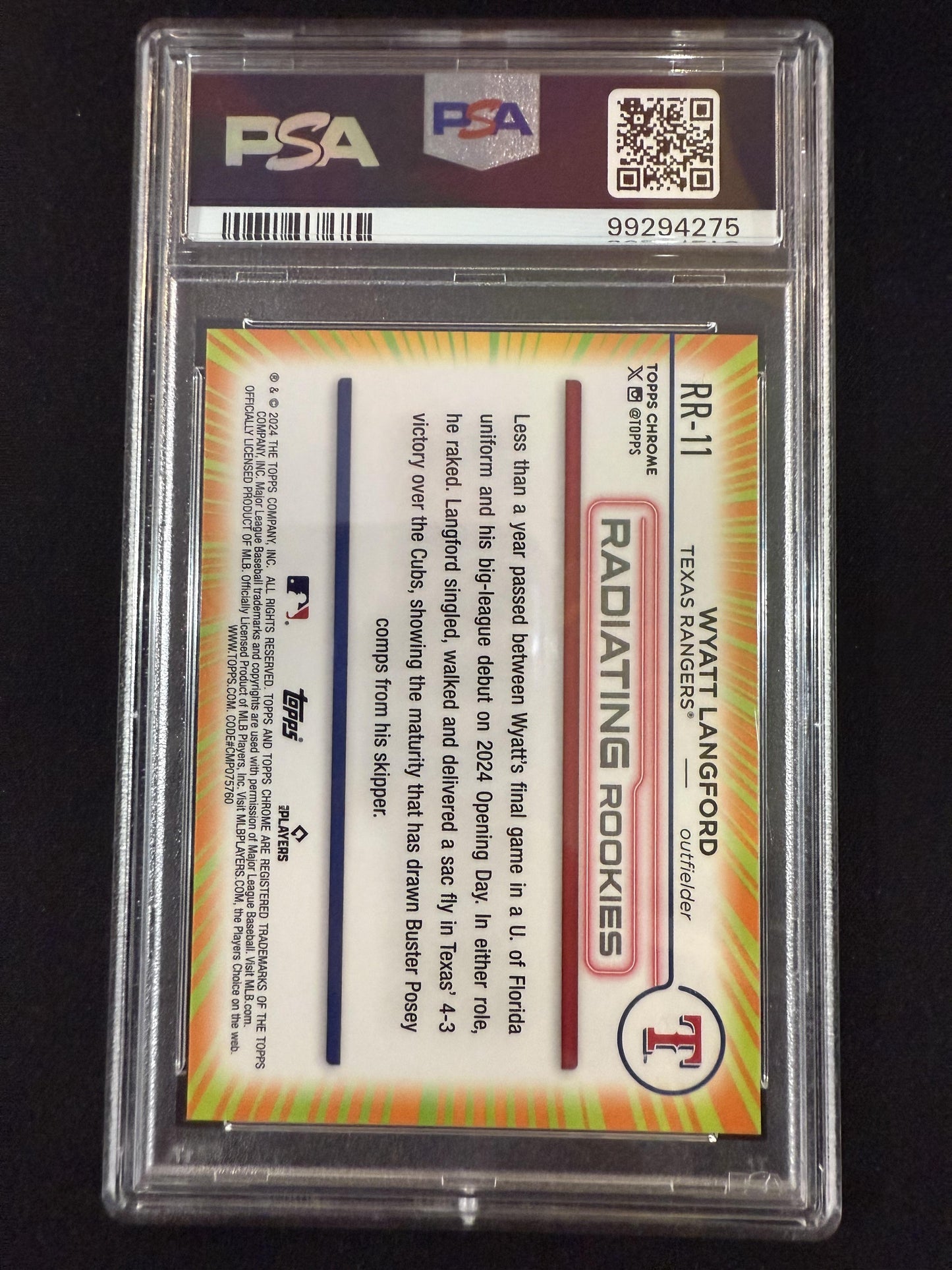 #RR-11 Wyatt Langford 2024 Topps Chrome Texas Rangers Radiating Rookies
