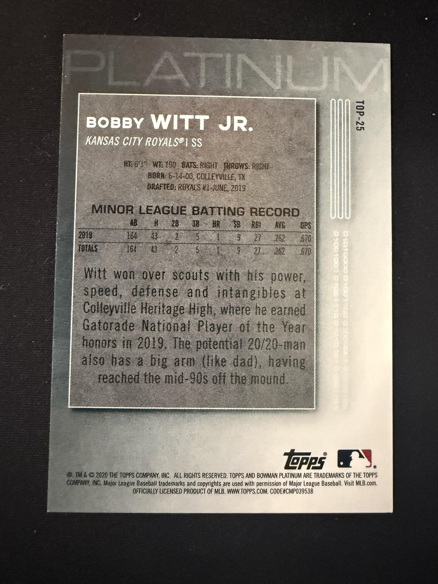 #TOP-25 Bobby Witt Jr. 2020 Bowman Platinum SN #/299 Royals Top Prospects Teal
