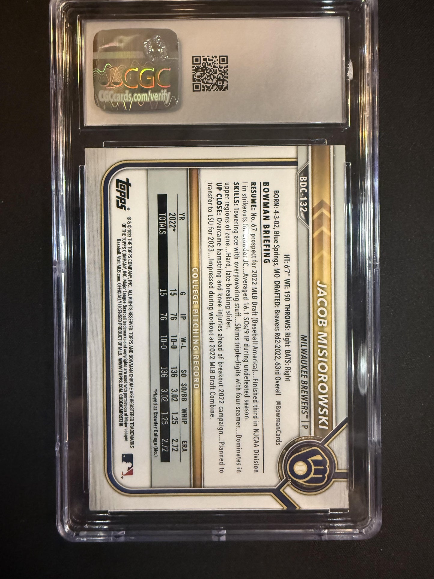 #BDC-132 Jacob Misiorowski 2022 Bowman Draft Milwaukee Brewers sports Chrome