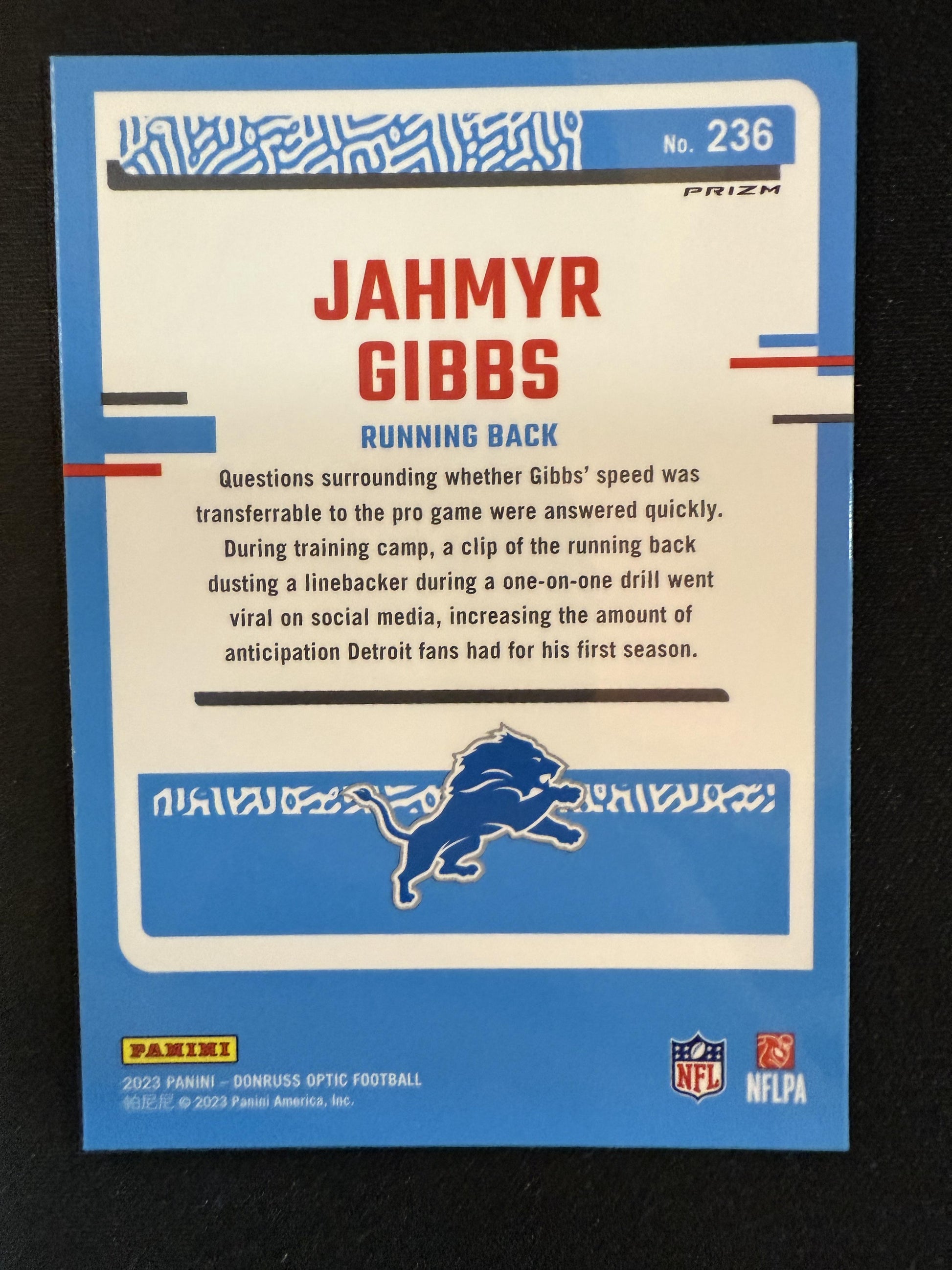 #236 Jahmyr Gibbs 2023 Donruss Optic RC Rookie Detroit Lions sports Red Hyper