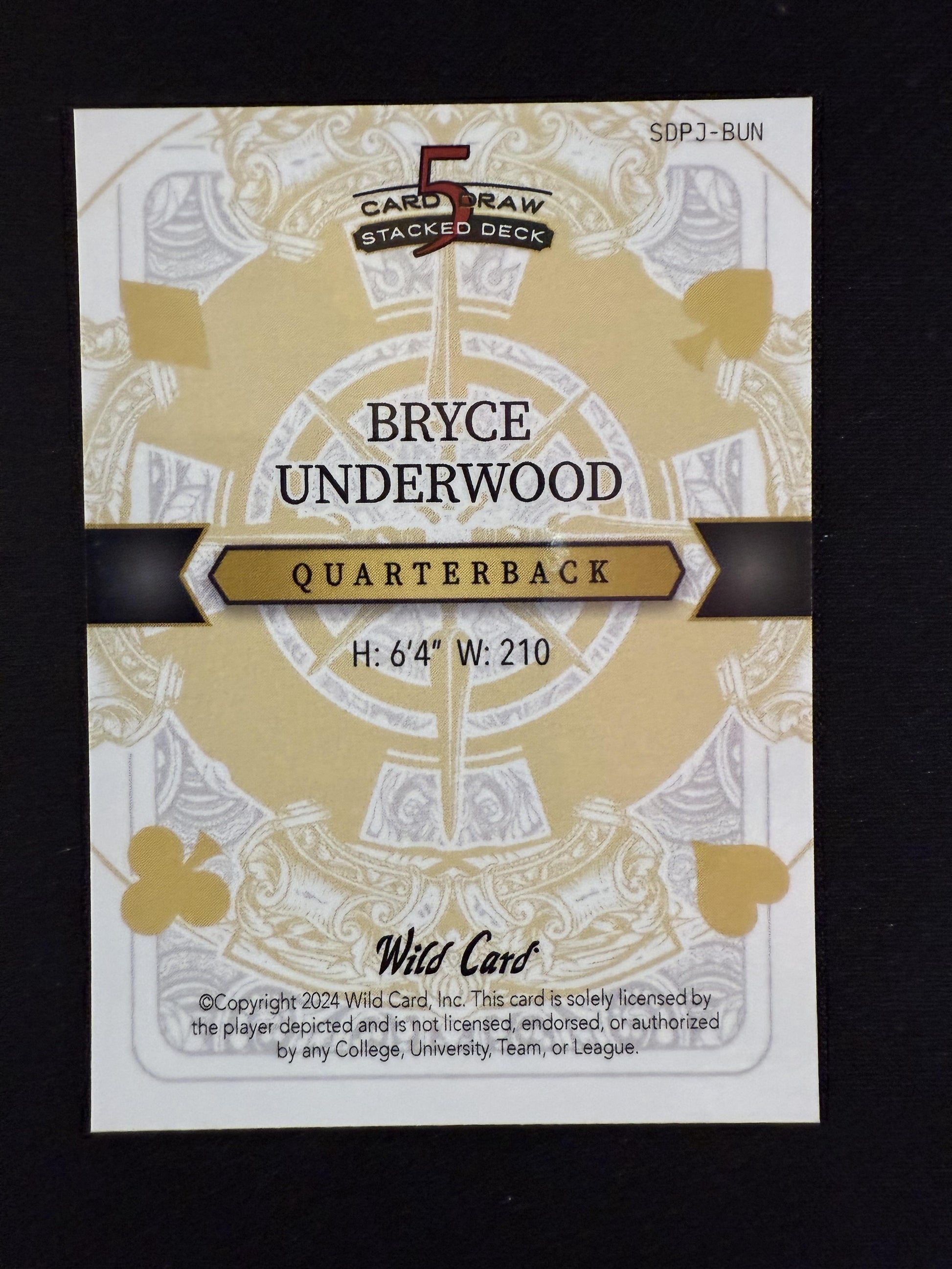 #SDPJ-BUN Bryce Underwood 2024 Wild Card 5 Card Draw White Joker /1 Wolverines