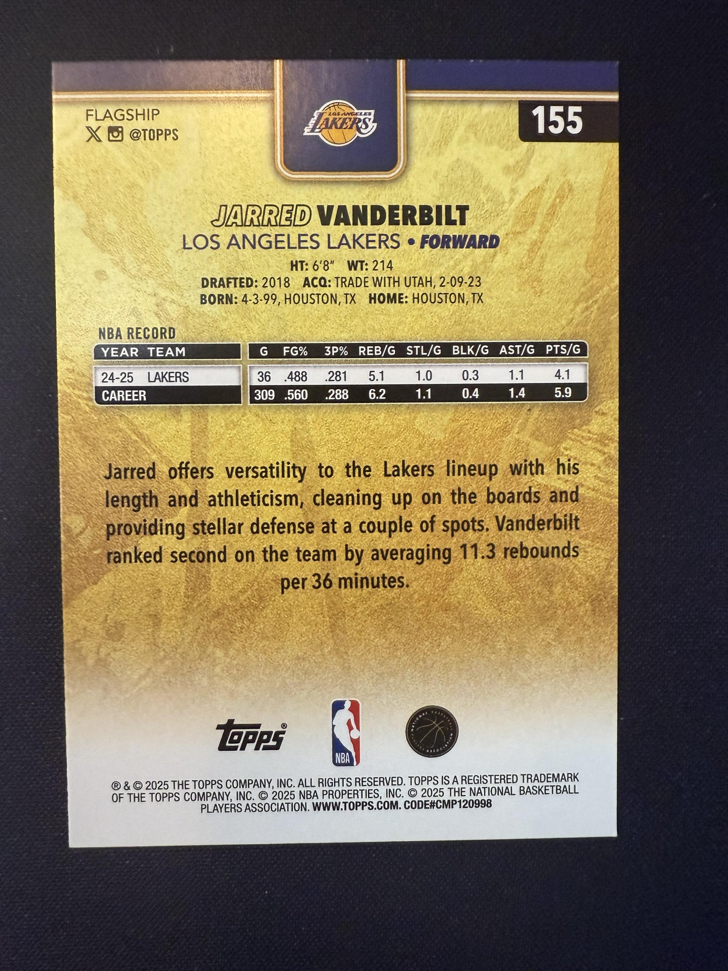 #155 Jarred Vanderbilt 2025-26 Topps Los Angeles Lakers sports Golden Mirror