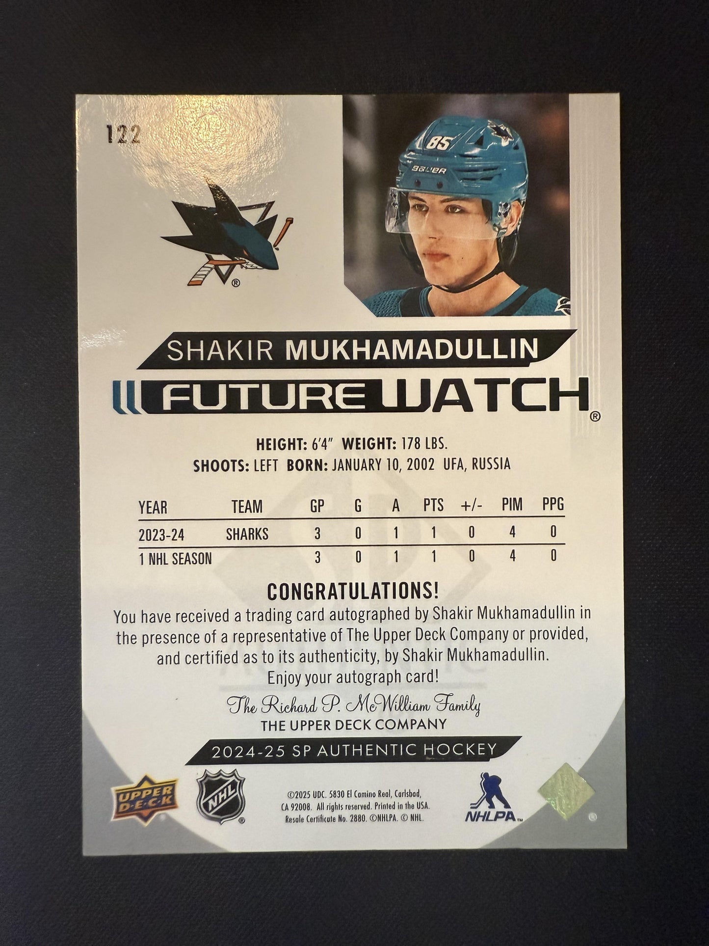 #122 Shakir Mukhamadullin 2024-25 SP Authentic Auto /999 San Jose Sharks
