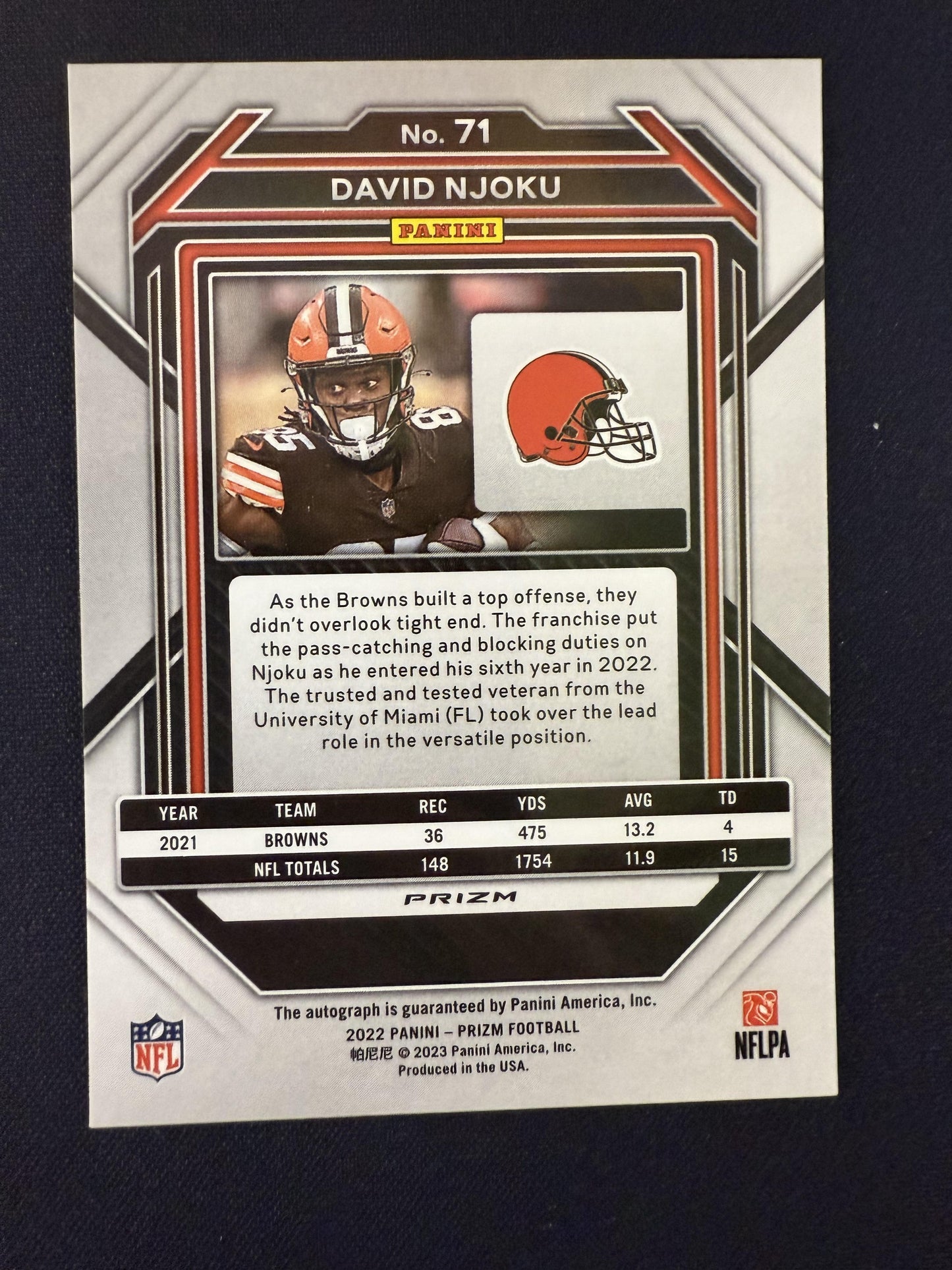 #71 David Njoku 2022 Panini Prizm AU Auto Cleveland Browns Autographs Silver