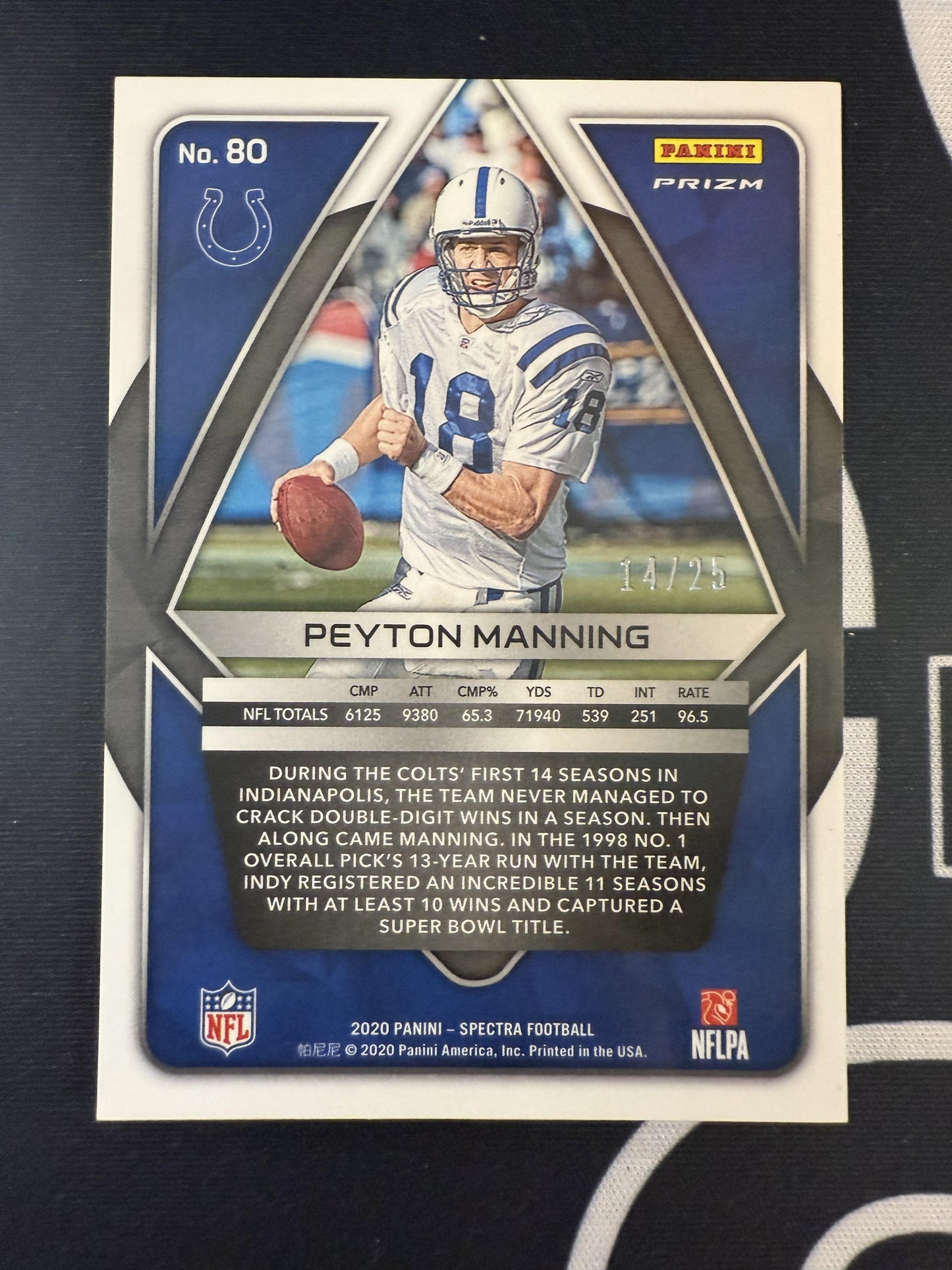 #80 Peyton Manning 2020 Panini Spectra SN #/25 Indianapolis Colts Neon Pink