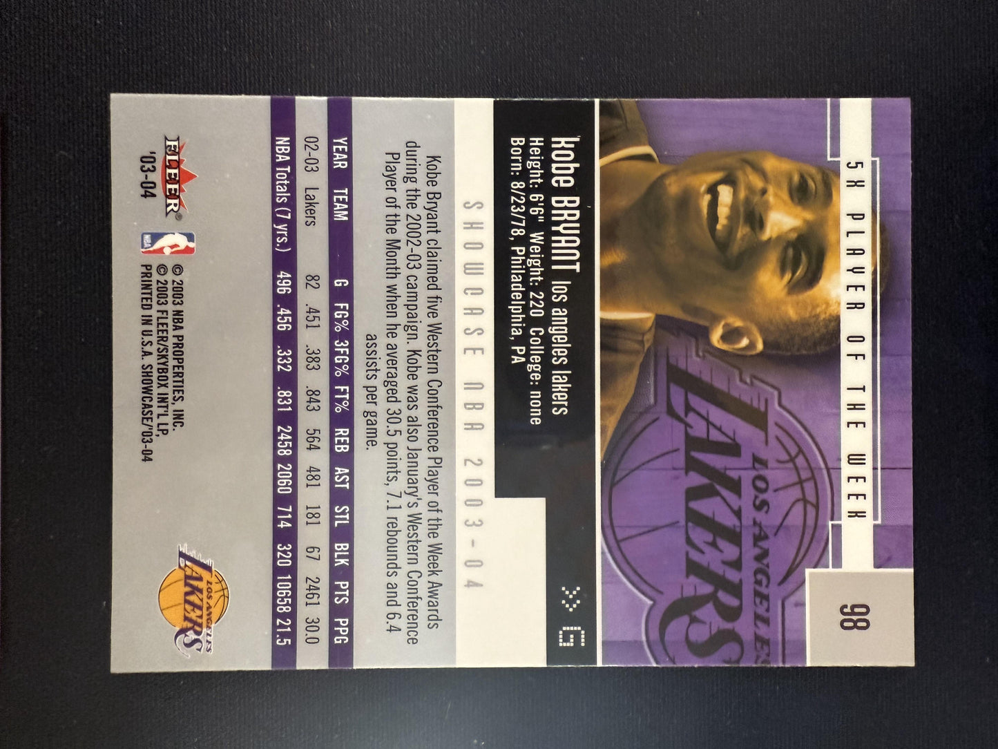 #98 Kobe Bryant 2003-04 Fleer Showcase Los Angeles Lakers sports