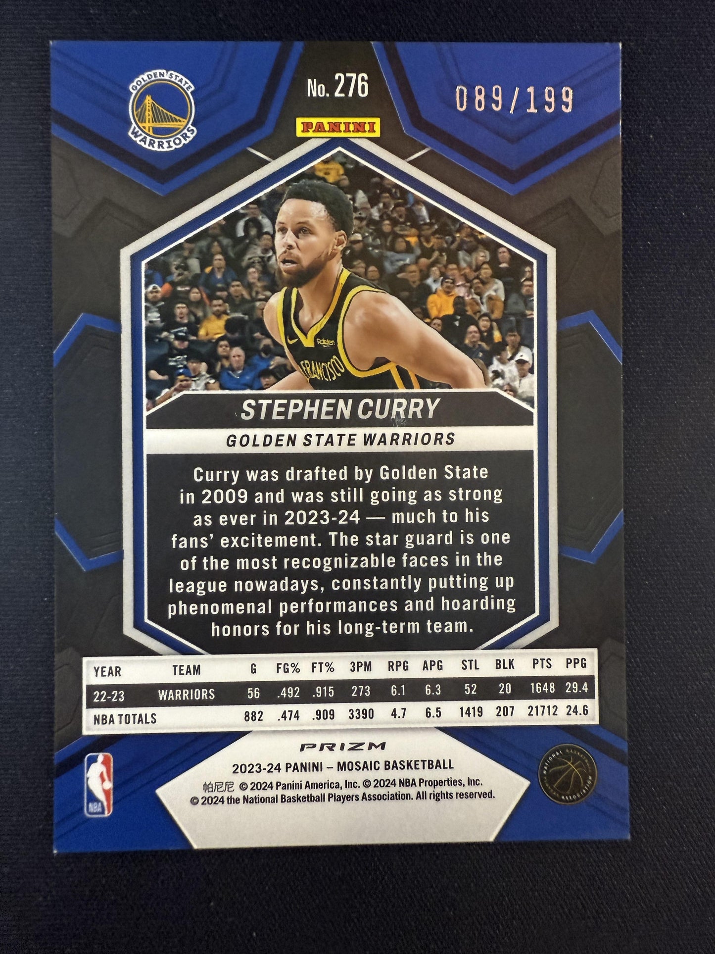 #276 Stephen Curry 2023-24 Panini Mosaic SN #/199 Golden State Warriors Blue