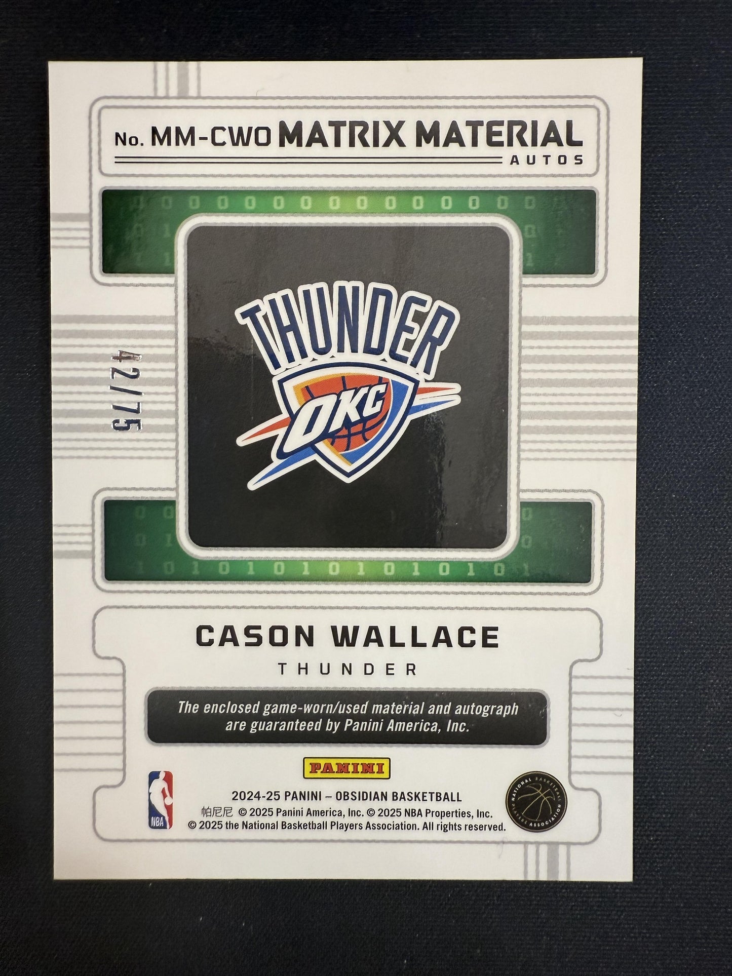 #MM-CWO Cason Wallace 2024 Panini Obsidian /75 Matrix Material Auto Orange