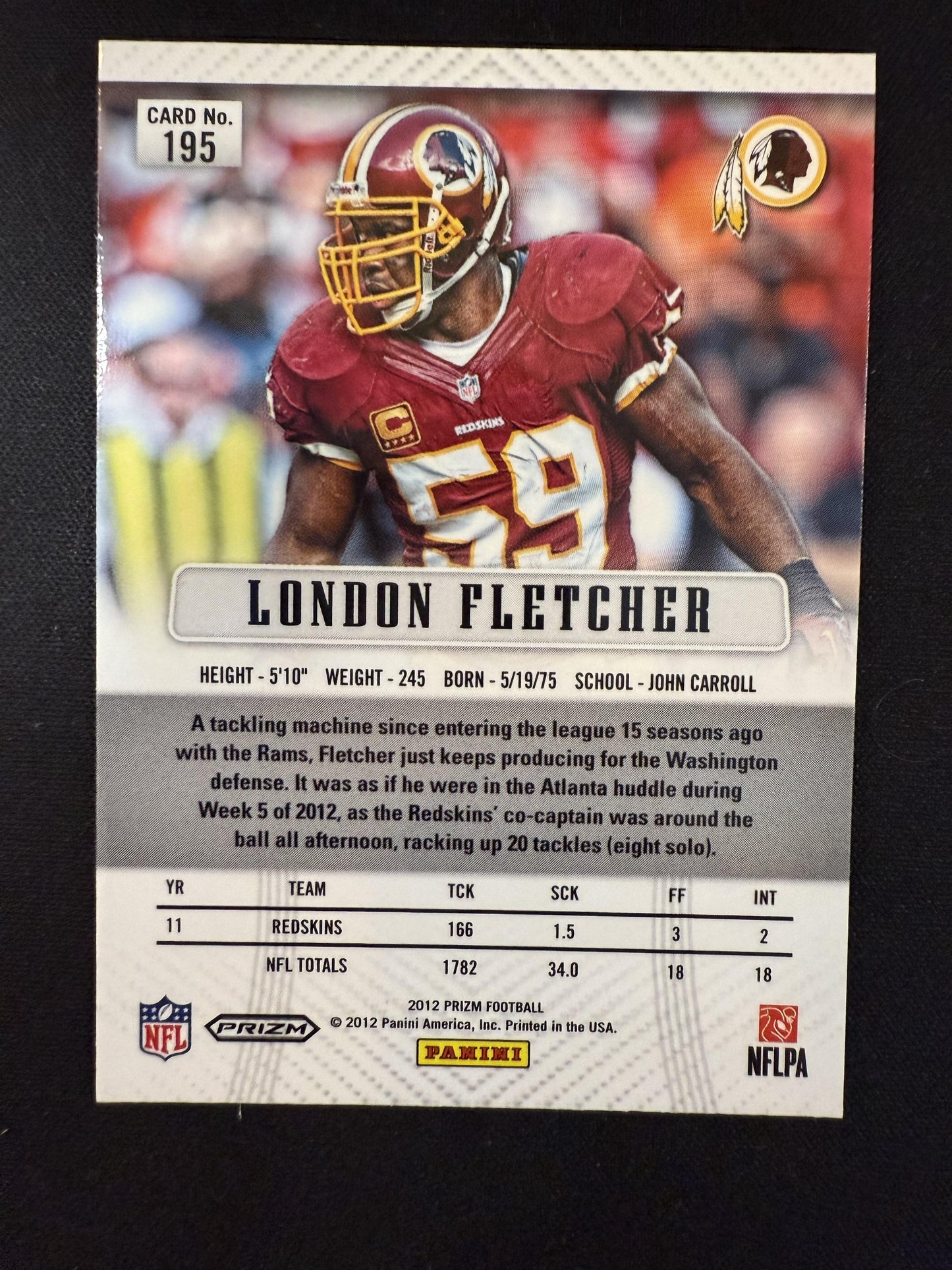 #195 London Fletcher 2012 Panini Prizm Washington Redskins sports Prizms