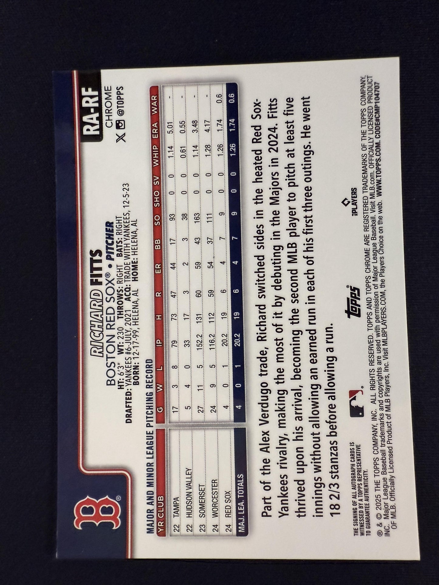 #RA-RF Richard Fitts 2025 Topps Chrome /50 Red Sox Auto Gold Wave Refractors