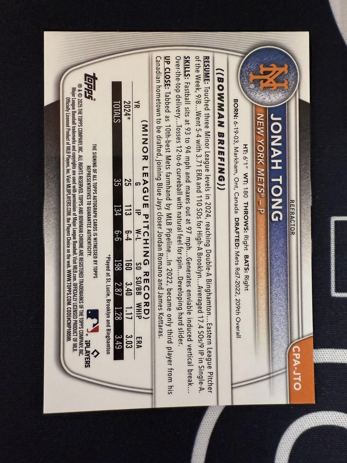 #CPA-JTO Jonah Tong 2025 Bowman /499 Chrome Prospects Auto Refractor