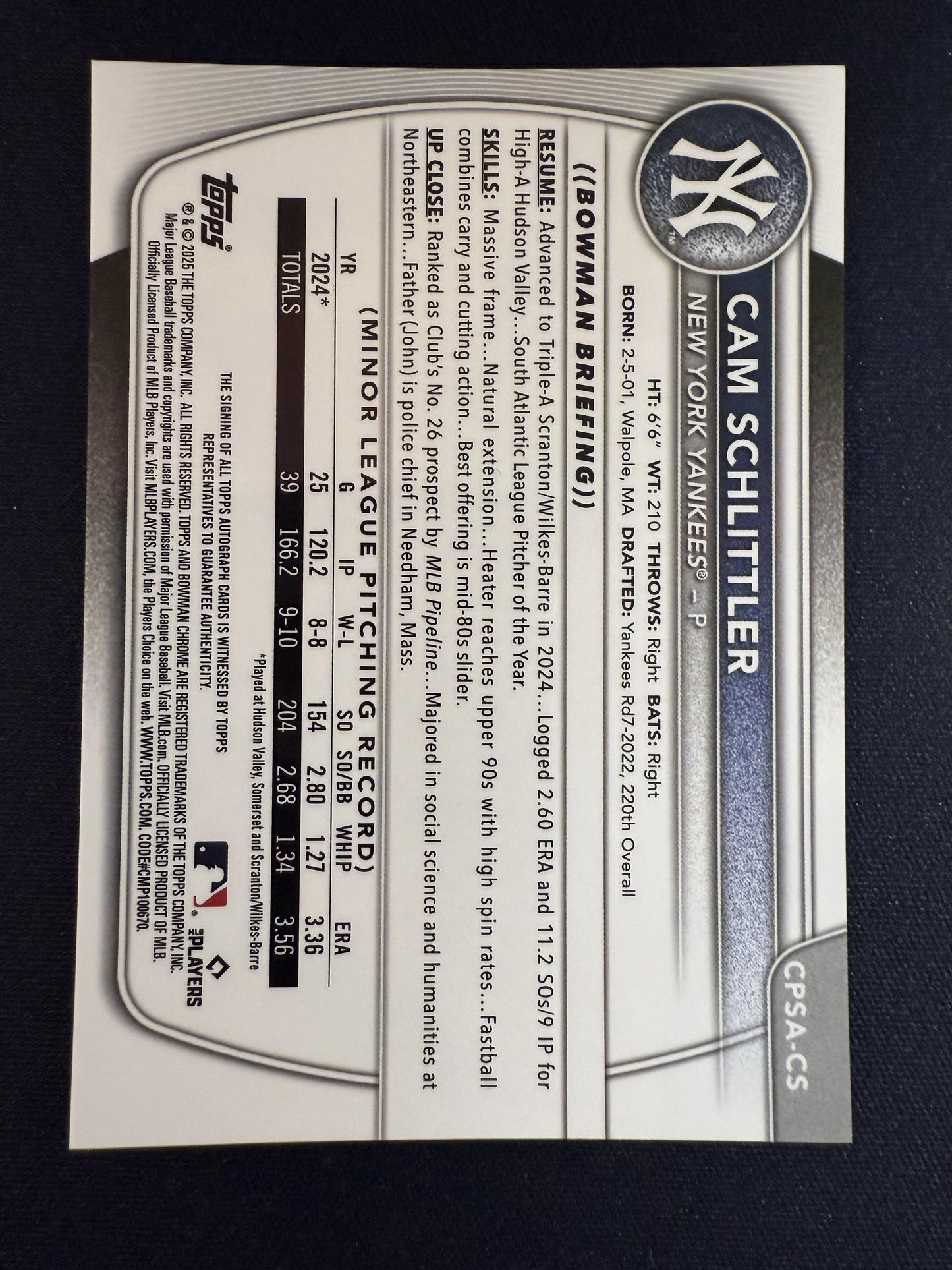 #CPSA-CS Cam Schlittler 2025 Bowman Chrome Sapphire Edition Prospect Auto