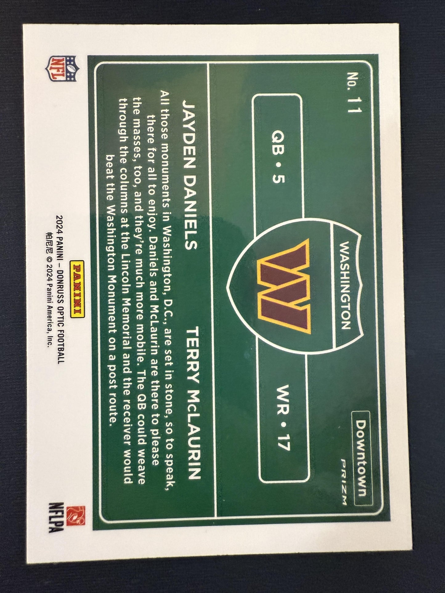 #11 Jayden Daniels / Terry McLaurin 2024 Donruss Optic Commanders Downtown Duos