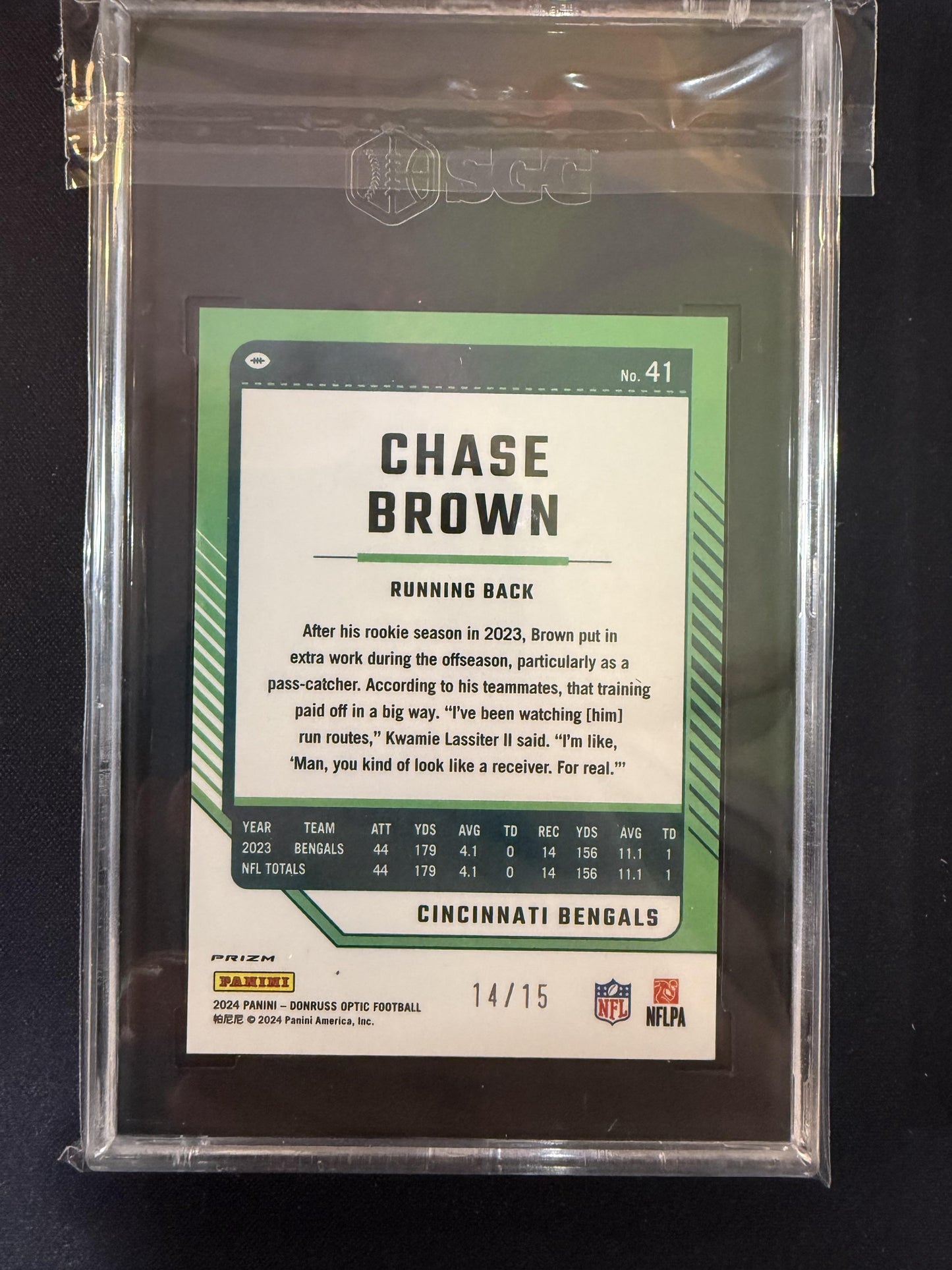 #41 Chase Brown 2024 Donruss Optic SN #/15 Cincinnati Bengals Stars Purple