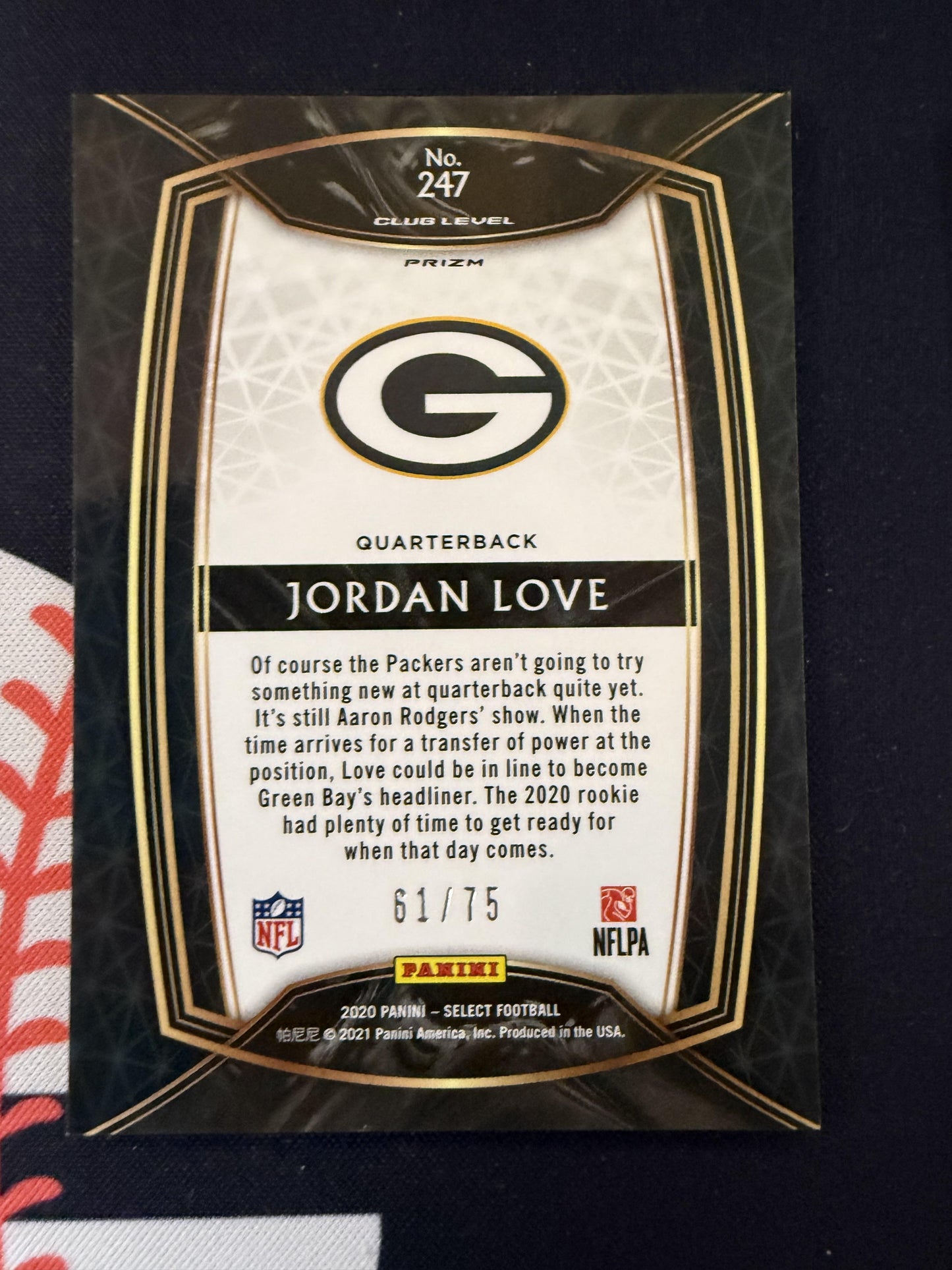 #247 Jordan Love 2020 Panini Select SN,RC Rookie #/75 Packers Blue