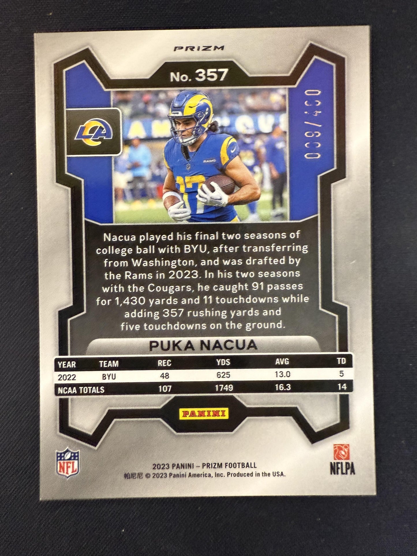 #357 Puka Nacua 2023 Panini Prizm SN #/400 Los Angeles Rams Pandora
