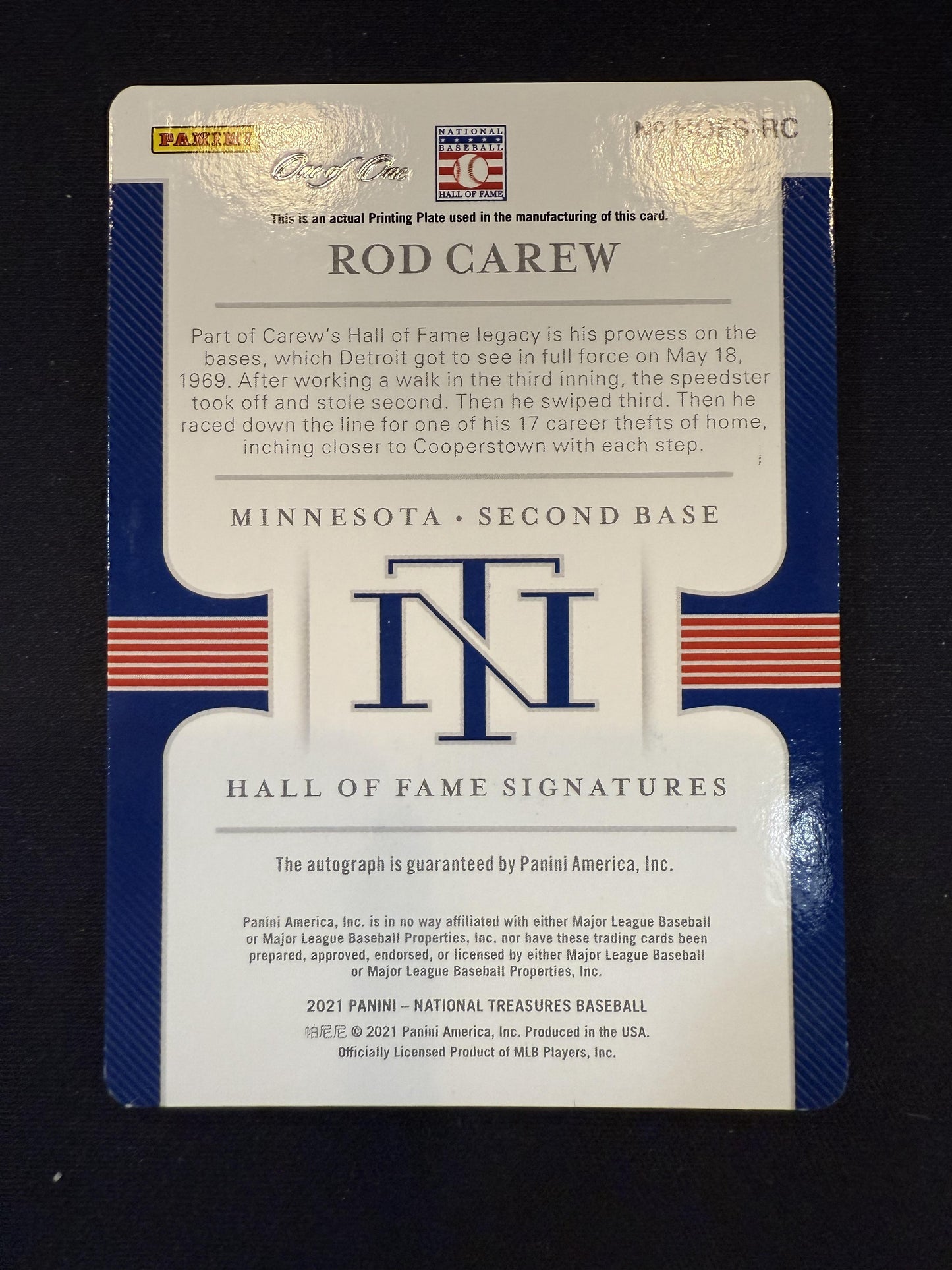 #RS-RC Rod Carew 2021 Panini National Treasures Auto /1 Angels Printing Plate