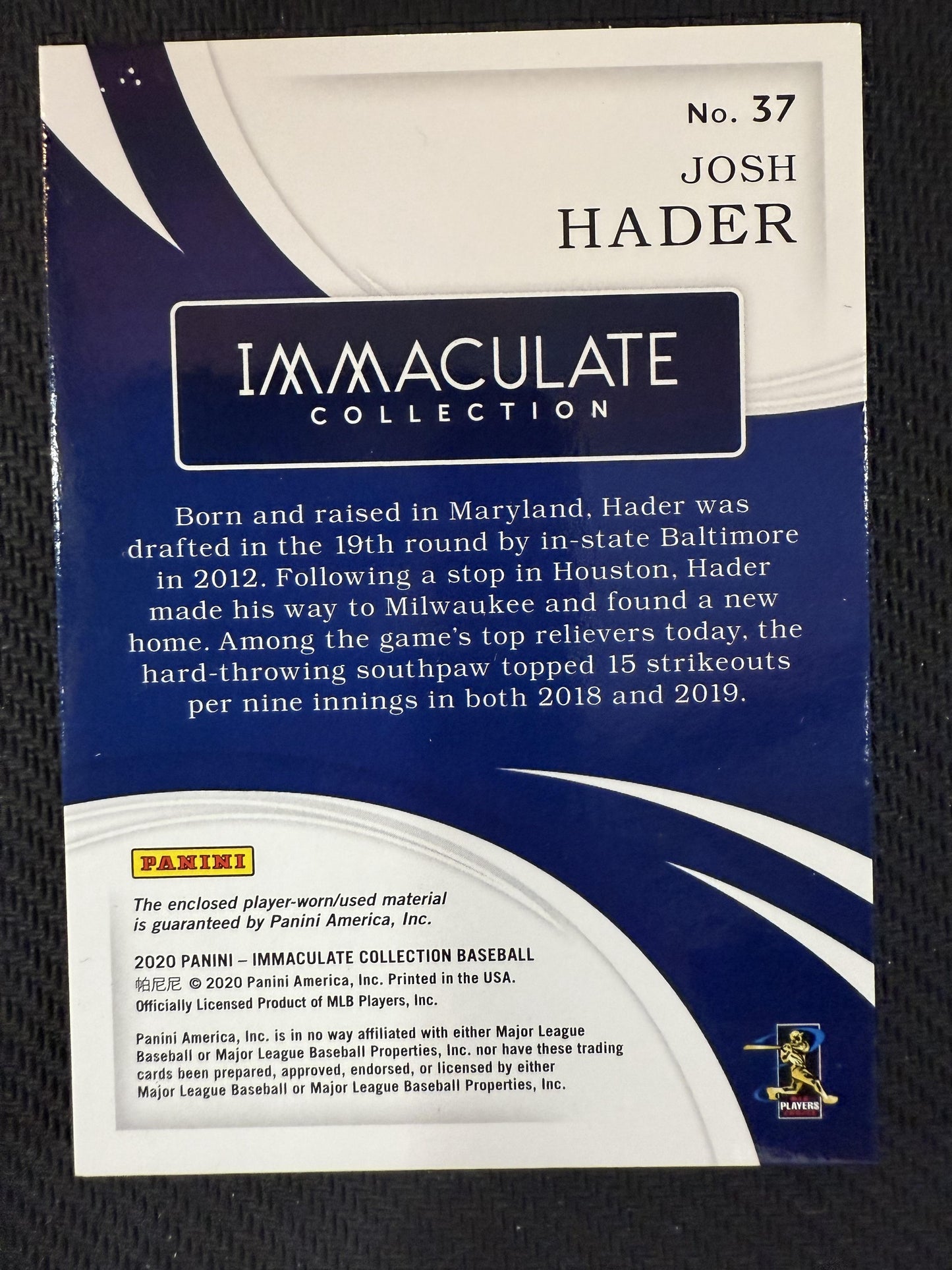 #37 Josh Hader 2020 Panini Immaculate Collection SN,MEM /1 Brewers Platinum