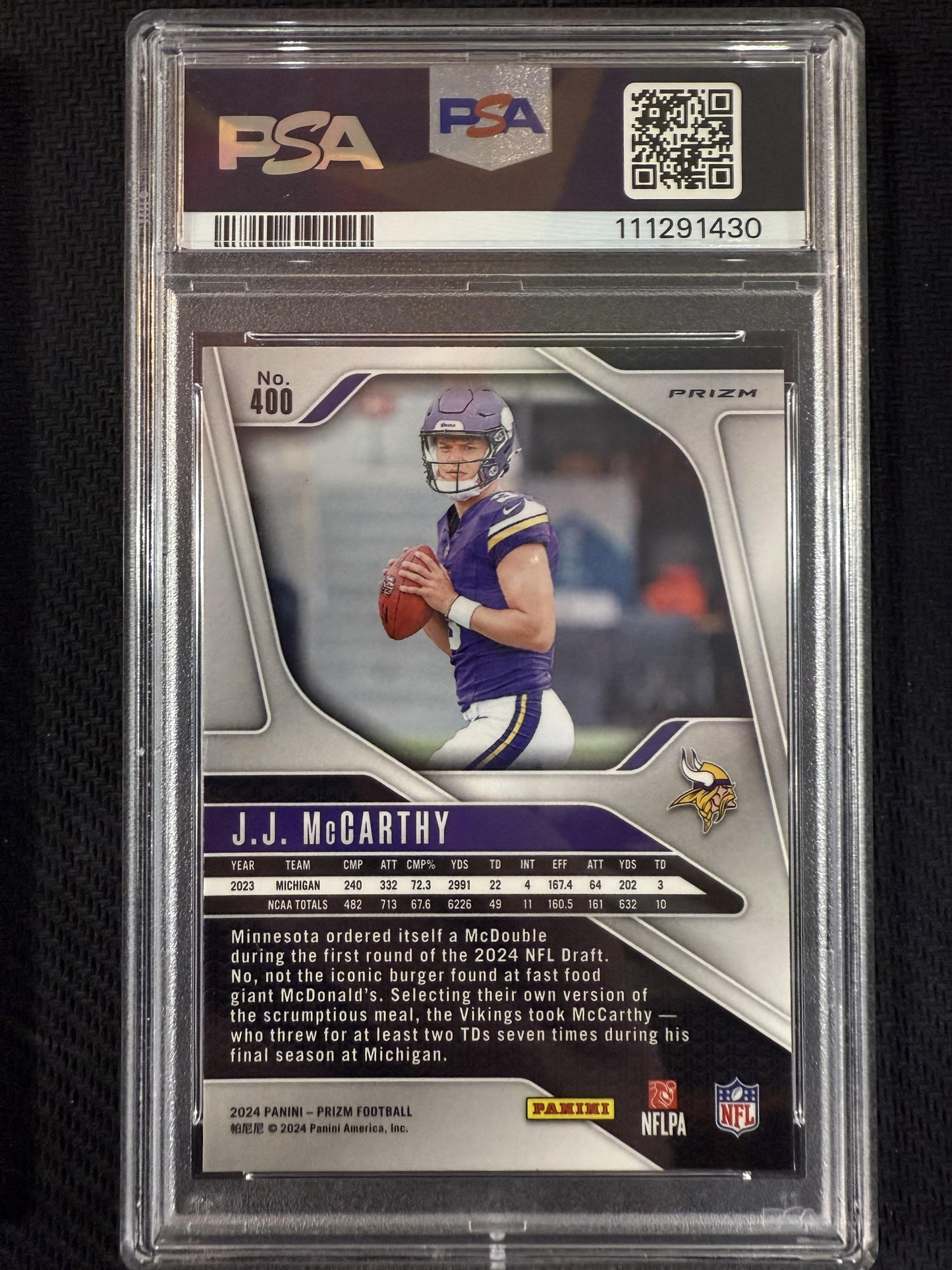 #400 J.J. McCarthy 2024 Panini Prizm RC Rookie Minnesota Vikings Purple Pulsar