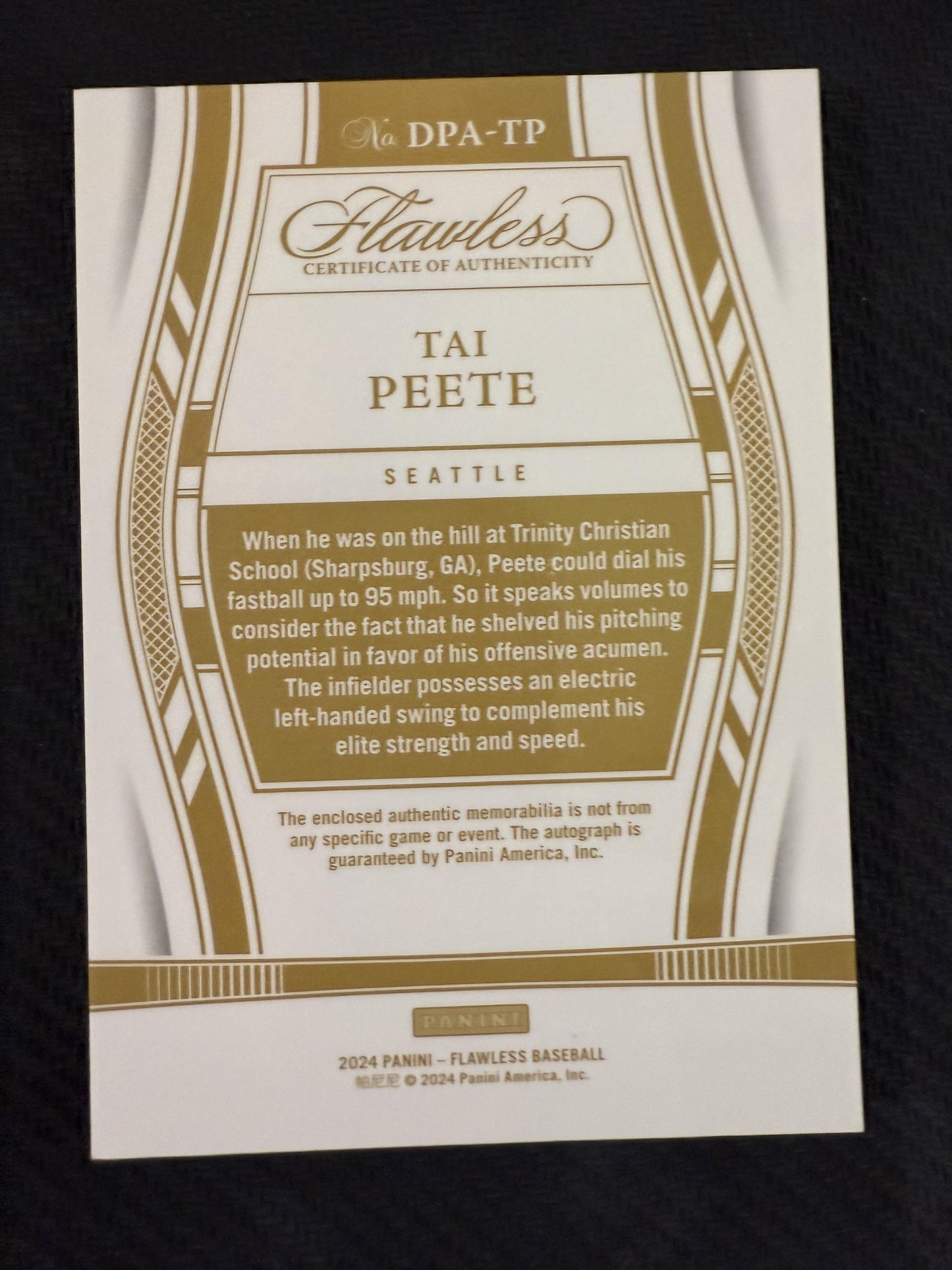 #DPA-TP Tai Peete 2024 Panini Flawless /25 Mariners Draft Patch Auto