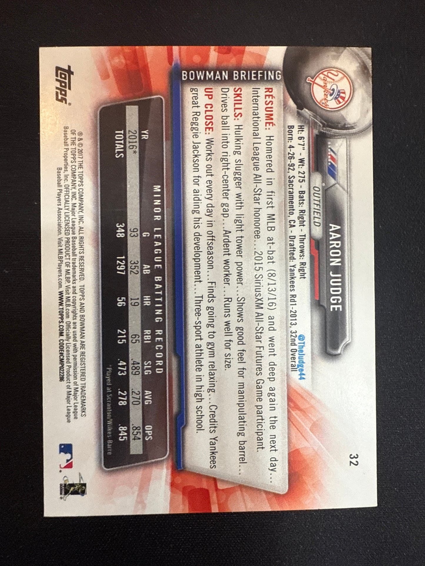 #32 Aaron Judge 2017 Bowman RC Rookie New York Yankees sports