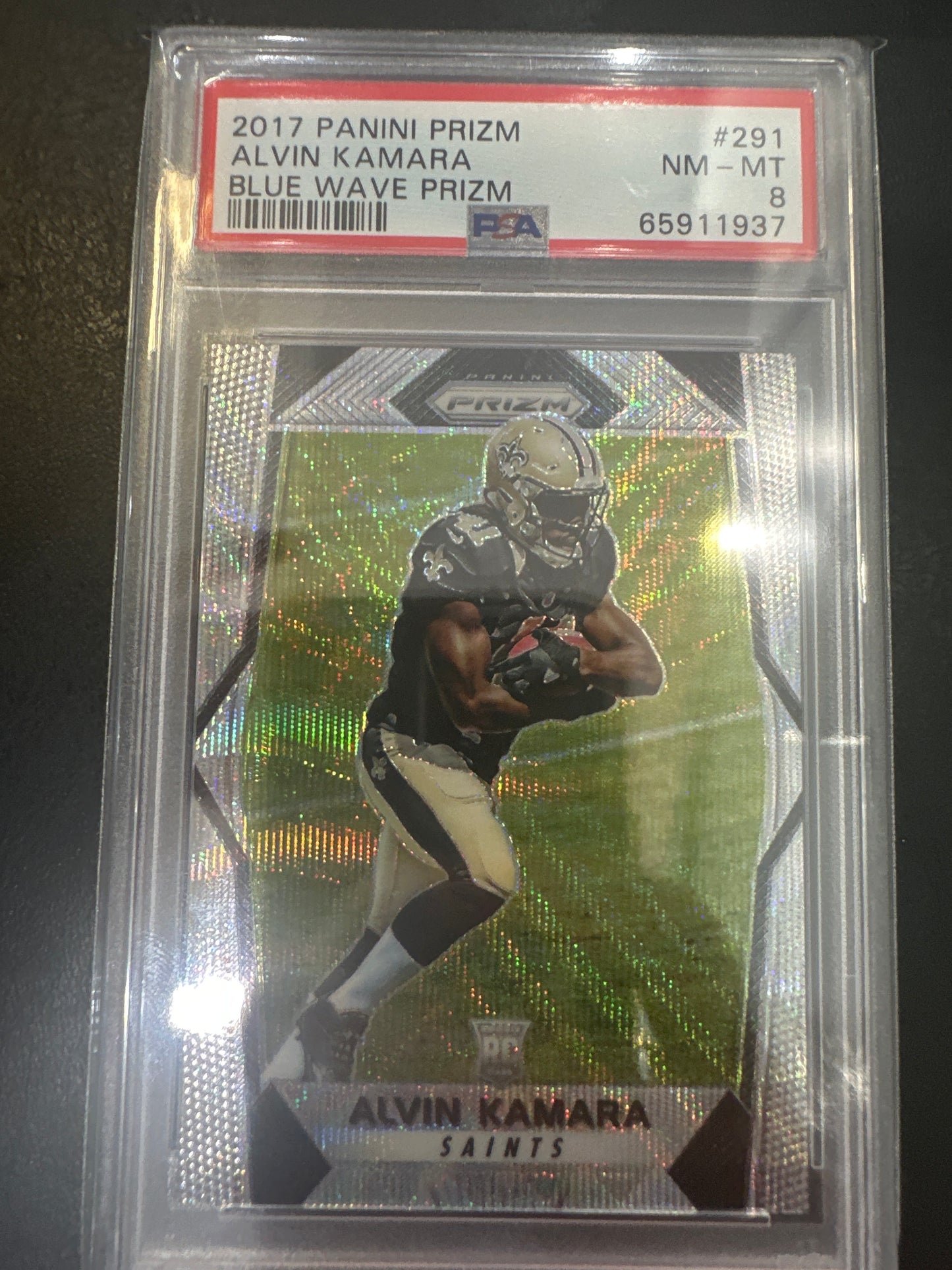 Alvin Kamara 291 2017 Prizm Blue Wave 112/149 PSA 8