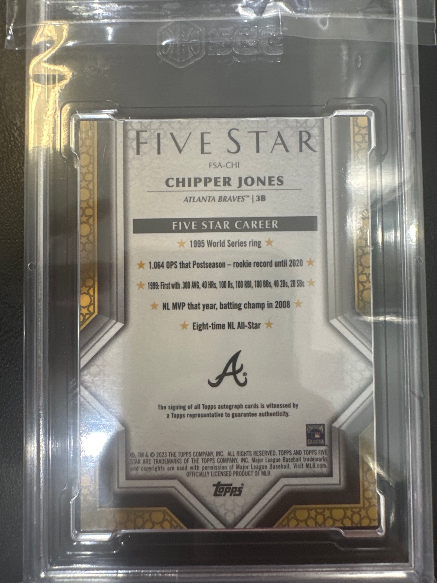 Chipper Jones FSA-CHI 2023 Topps Five Star Autographed SGC 9