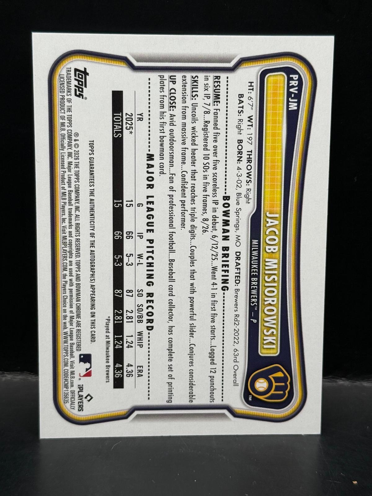 #PRV-JM Jacob Misiorowski 2026 Bowman /150 Brewers Rookie and Veteran Auto Blue