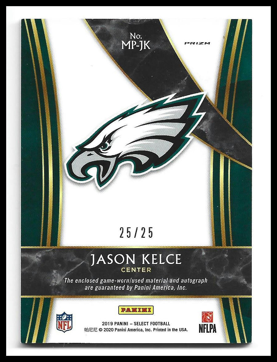 #MP-JK Jason Kelce 2019 Panini Select AU,SN,MEM Auto #/25 Eagles Tie-Dye Prizm