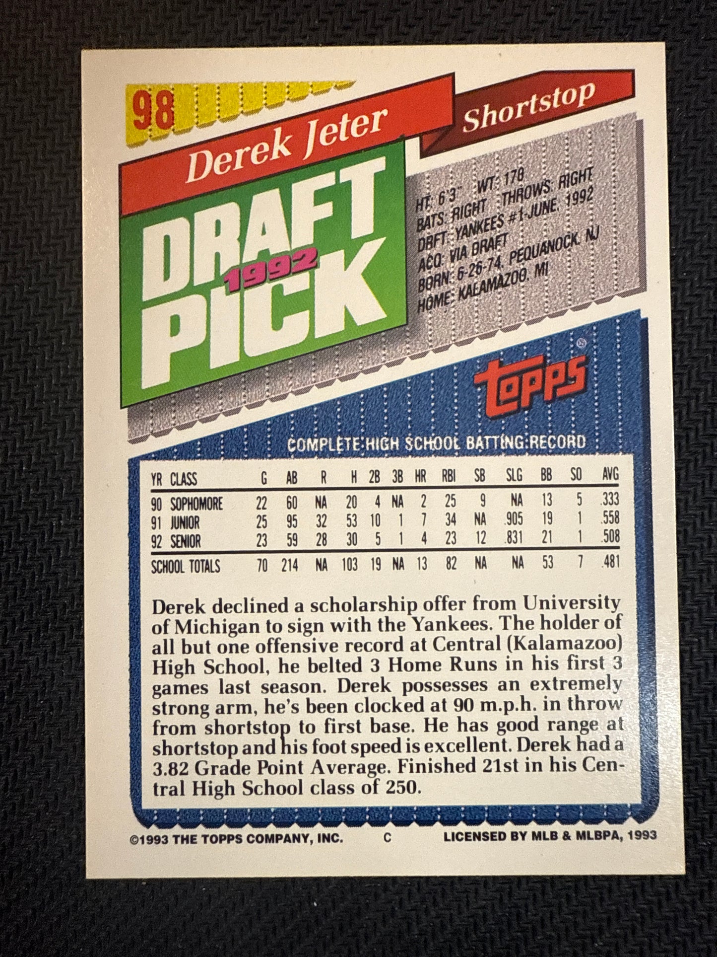 #98 Derek Jeter 1993 Topps Gold