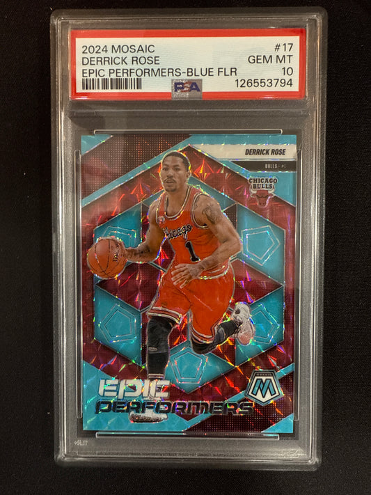 #17 Derrick Rose 2024-25 Panini Mosaic /30 Epic Performers Blue Fluorescent