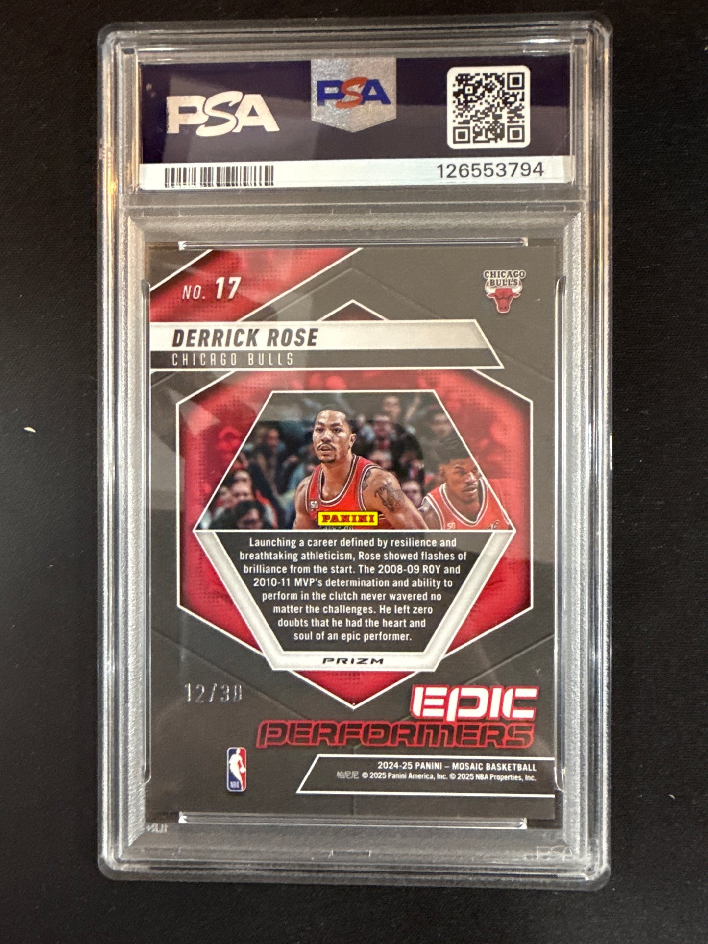 #17 Derrick Rose 2024-25 Panini Mosaic /30 Epic Performers Blue Fluorescent