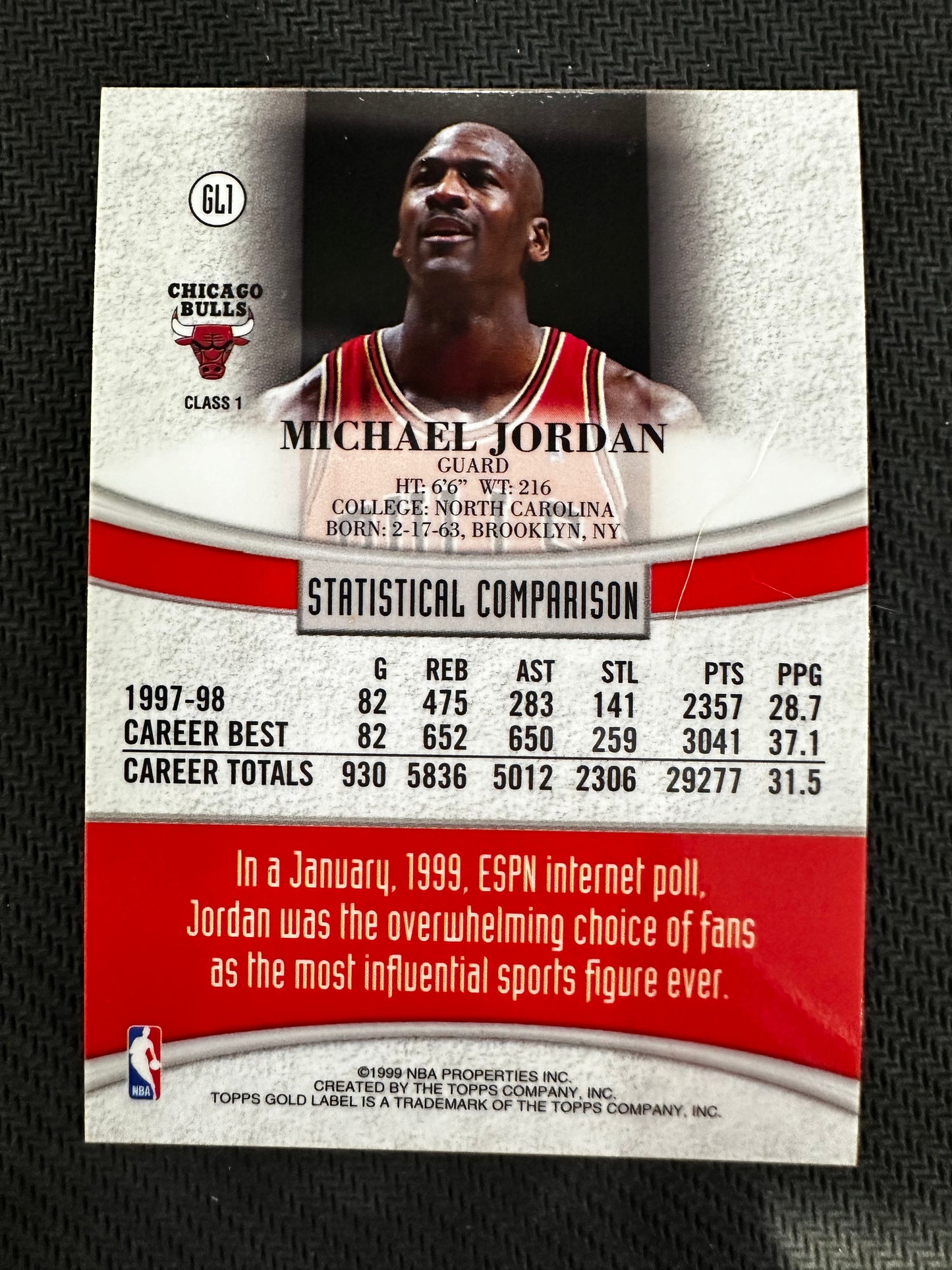 #GL1 Michael Jordan 1998-99 Topps Chicago Bulls sports Topps Gold Label