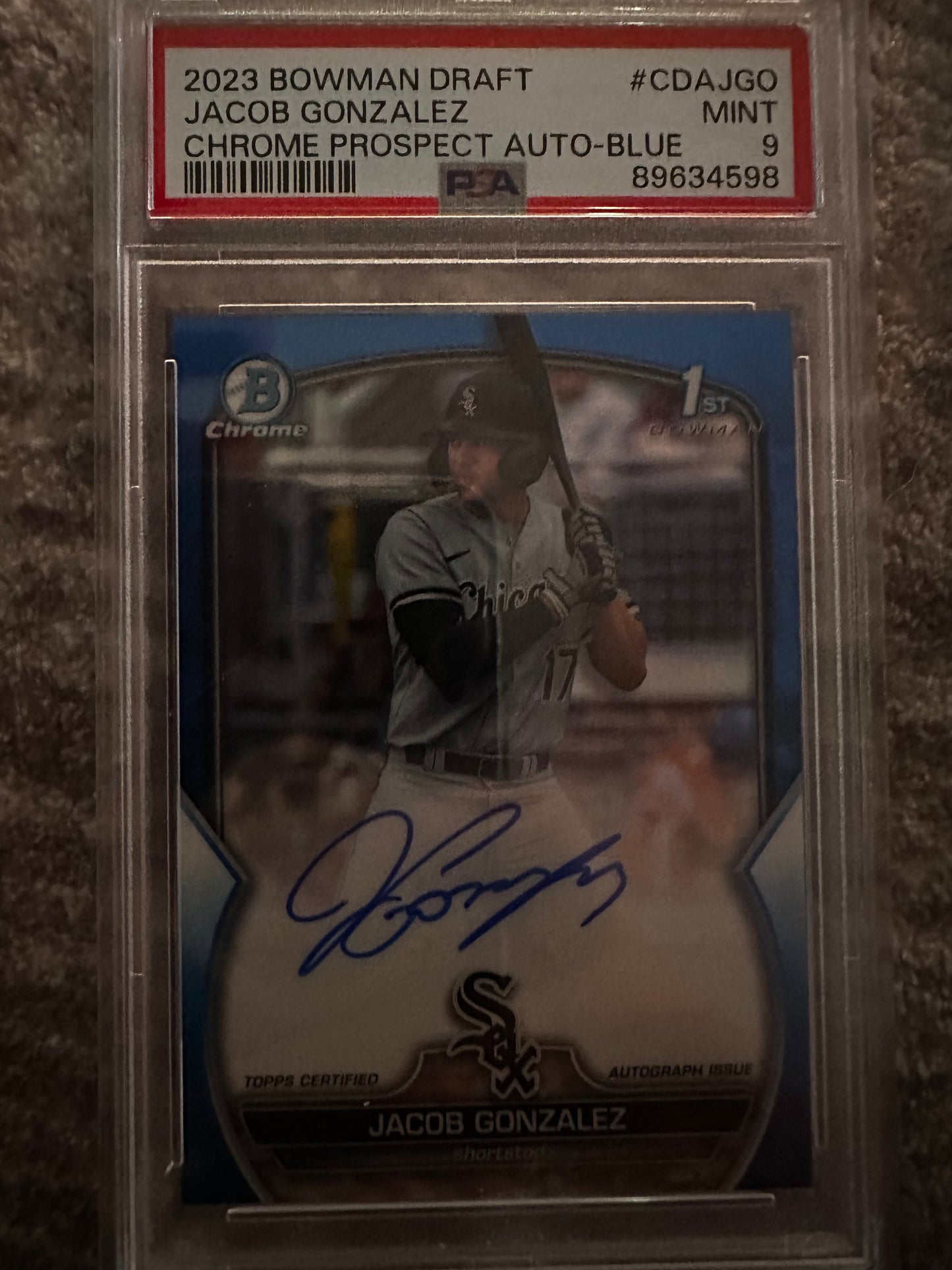 Jacob Gonzalez CDA-JGO 2023 Bowman Draft Chrome Prospect Autographs Blue 114/150 PSA 9
