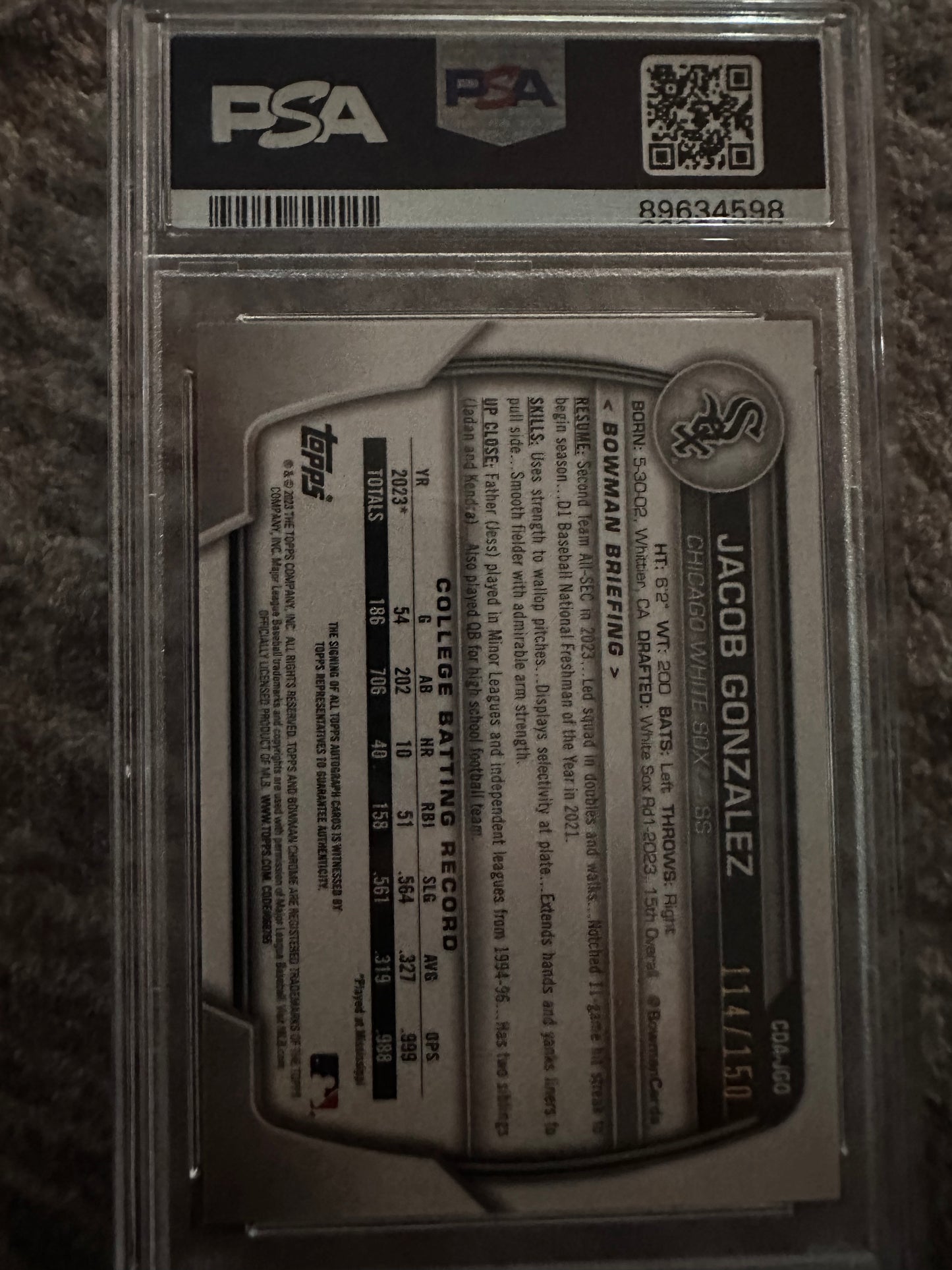 Jacob Gonzalez CDA-JGO 2023 Bowman Draft Chrome Prospect Autographs Blue 114/150 PSA 9