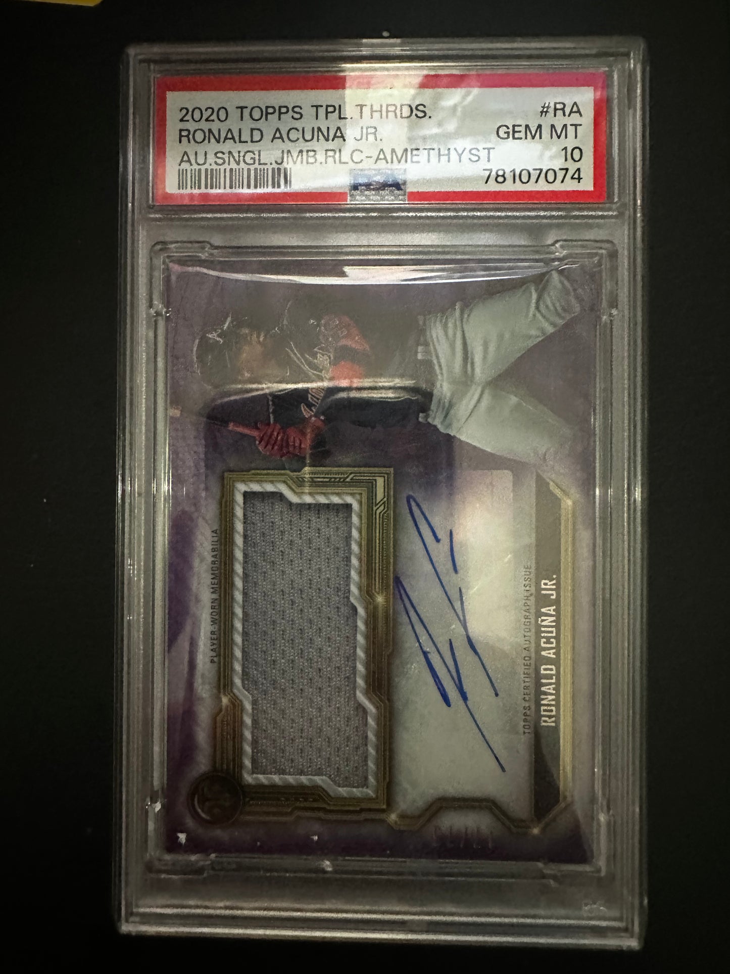 Ronald Acuna Jr. ASJR-RA 2020 Topps Triple Threads AU.SNGL.JMB.RLC Amethyst 17/75 PSA 10 Atlanta Braves