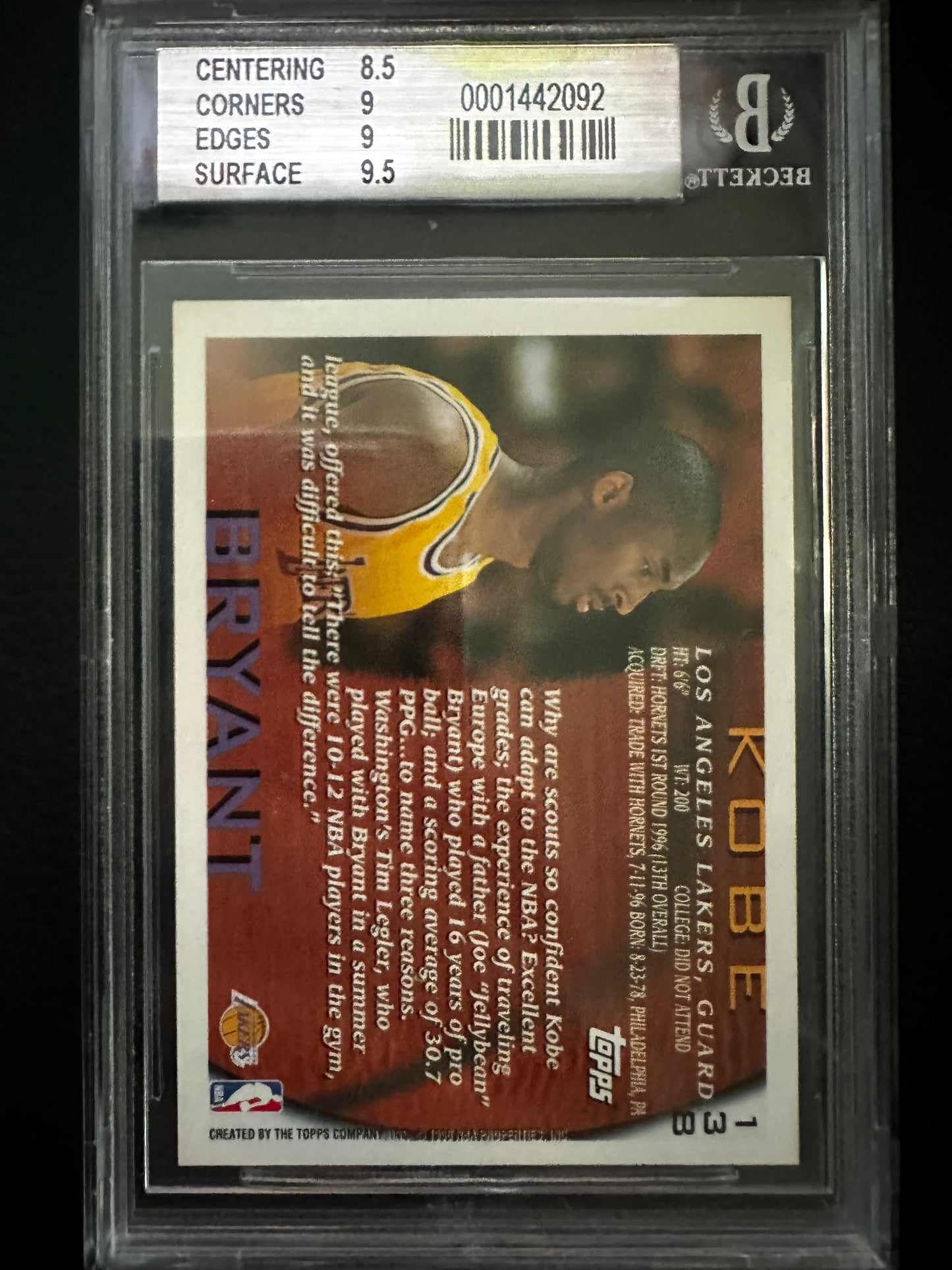 Kobe Bryant 138 1996 Topps BGS 9 Los Angeles Lakers