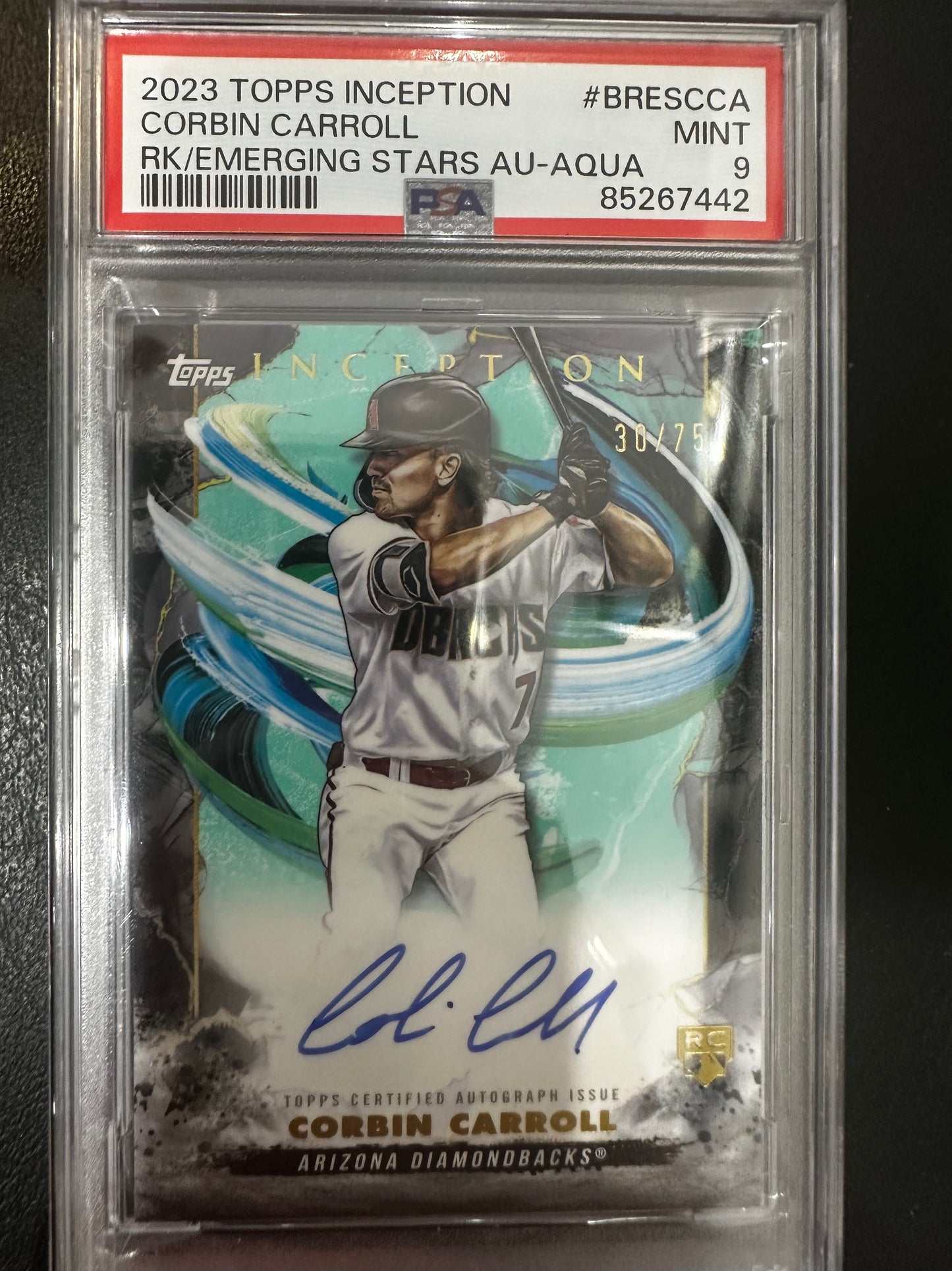 Corbin Carroll BRESCCA 2023 Topps Inception RK/Emerging Stars AU-Aqua PSA 9
